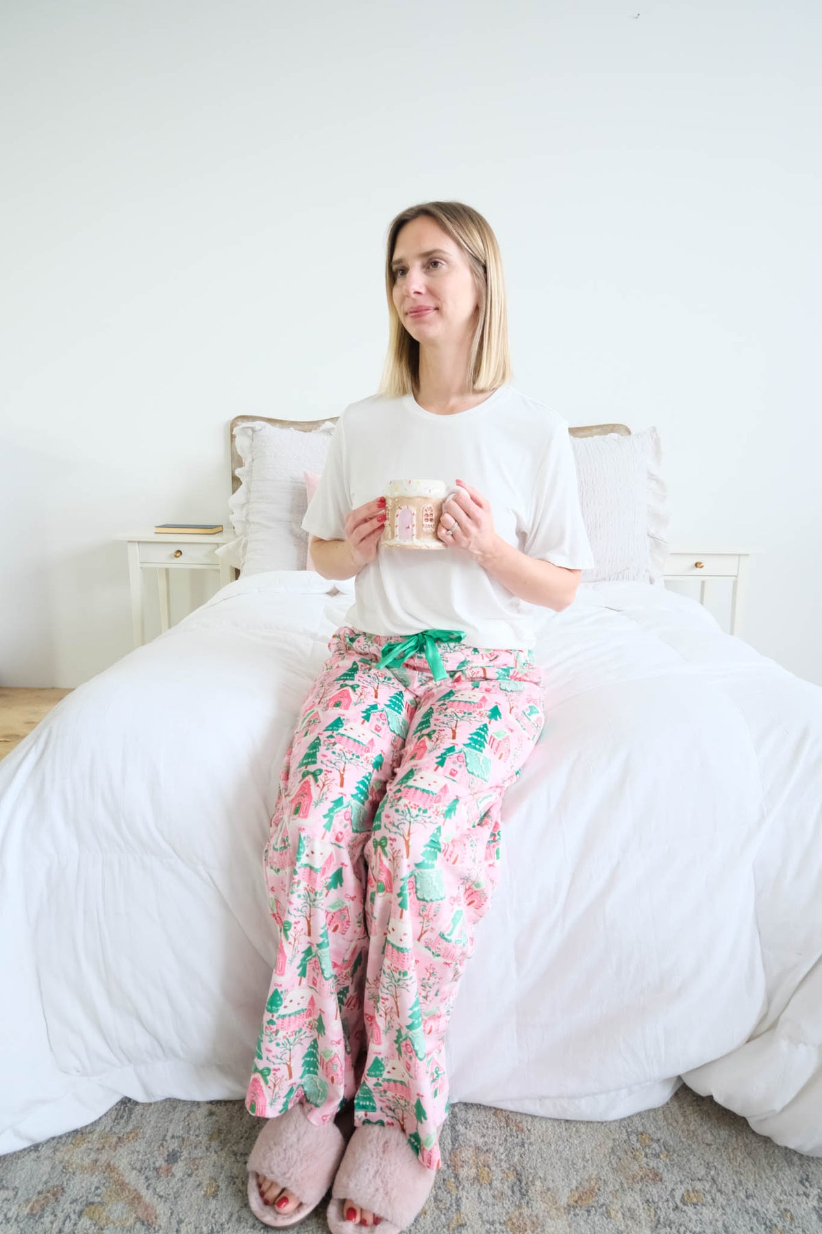 Miranda Nic Sugar Plum Dreams Velour Straight-Leg Pant separates lifestyle front view seated floor length — Cloud Nine Pajamas Edmonton