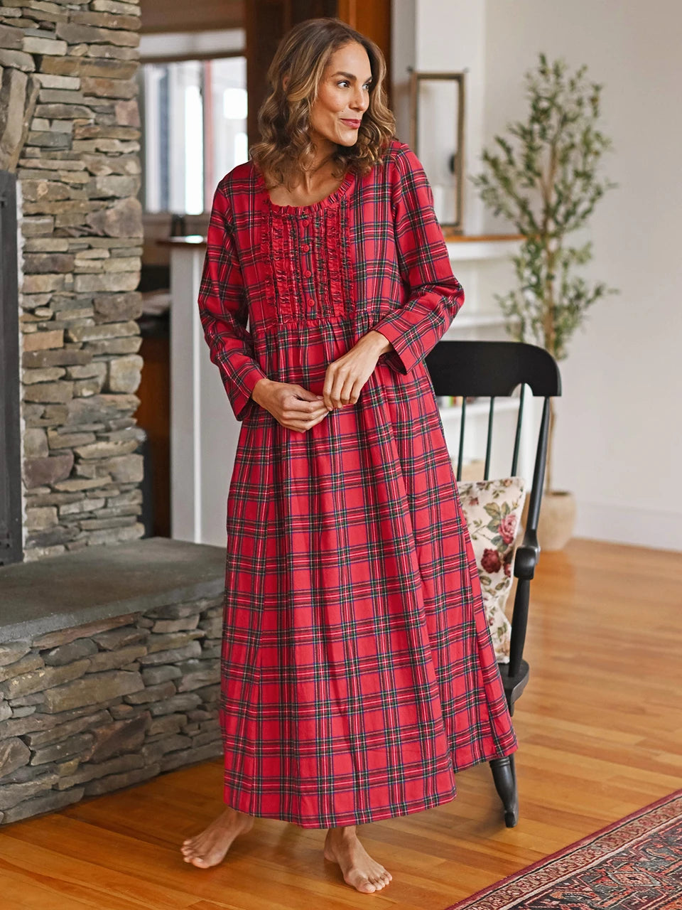 April Cornell Fireside Red Plaid Flannel Nightgown front view on model — Cloud Nine Pajamas Edmonton