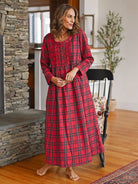 April Cornell Fireside Red Plaid Flannel Nightgown front view on model — Cloud Nine Pajamas Edmonton