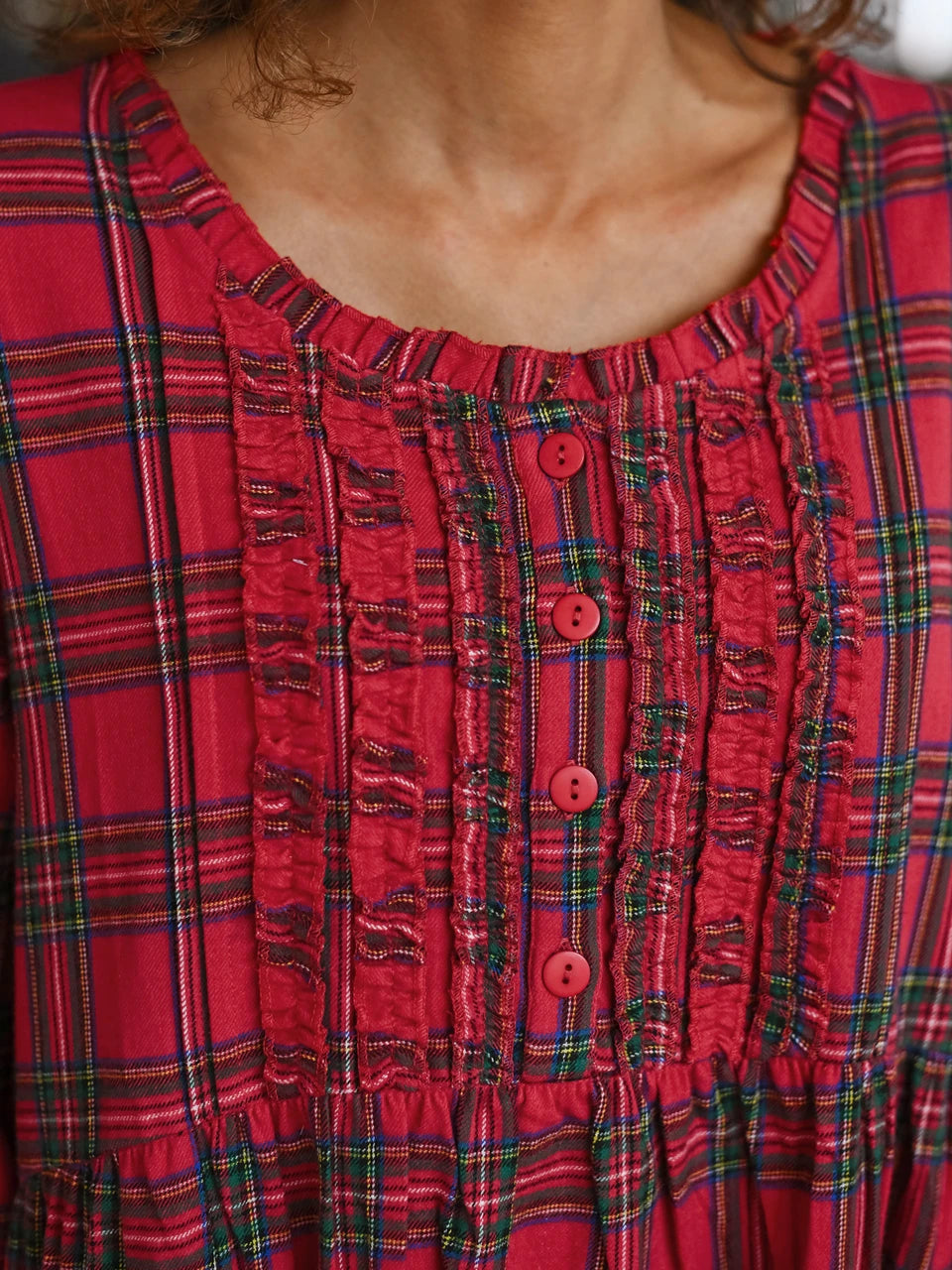 April Cornell Fireside Nightgown ruffled neckline chalk button bodice detail — Cloud Nine Pajamas