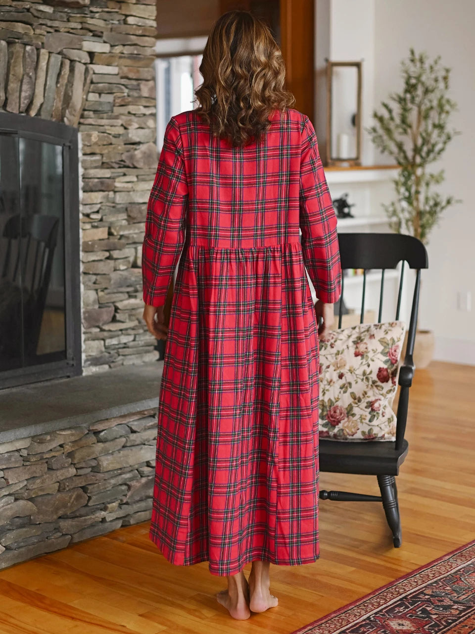April Cornell Fireside Red Plaid Nightgown model back view — Cloud Nine Pajamas