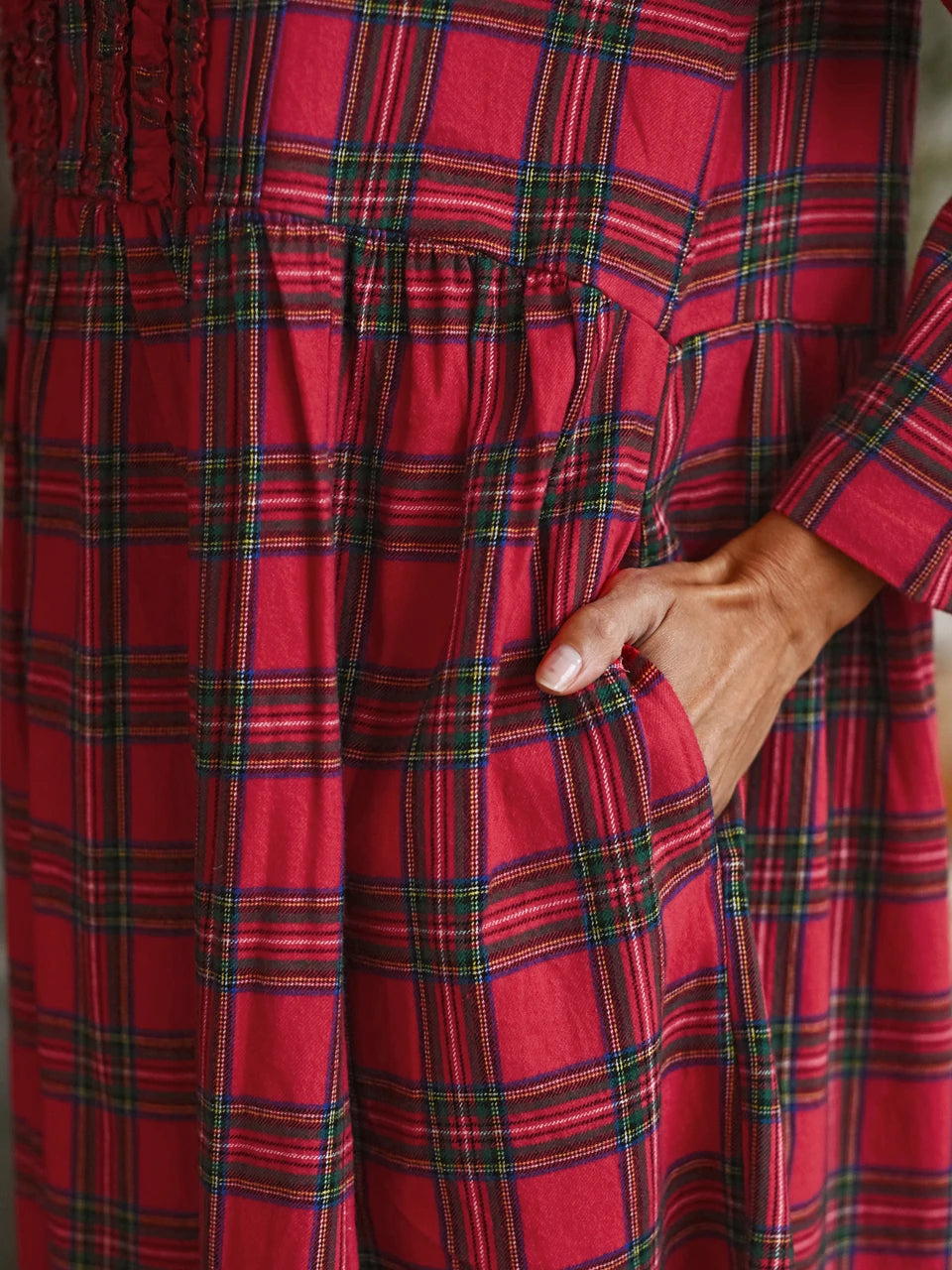 April Cornell Fireside Red Plaid Nightgown model showing slit pockets and closeup of bodice view — Cloud Nine Pajamas