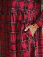April Cornell Fireside Red Plaid Nightgown model showing slit pockets and closeup of bodice view — Cloud Nine Pajamas