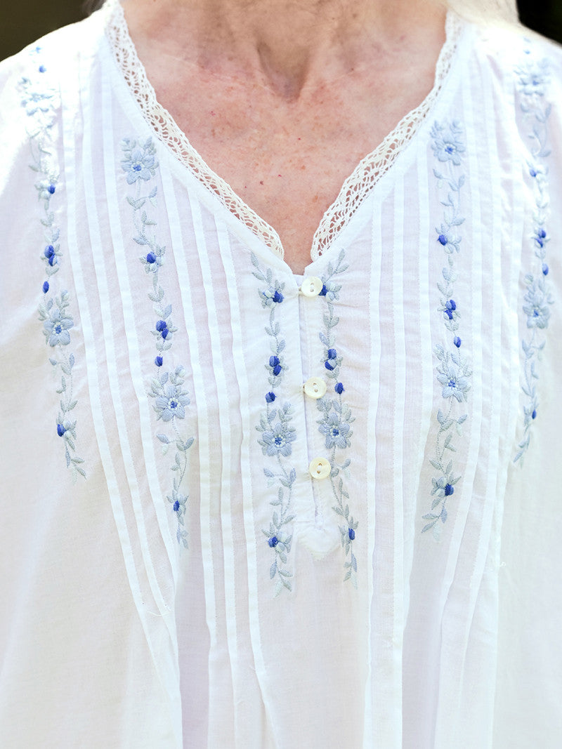 April Cornell Cottage Scatter Cotton Nightgown showing close up of the delicate blue floral embroidery