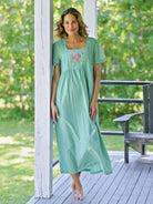 April Cornell Island Flower Cotton Nightgown – Embroidered Soft Teal Sleeveless Nighty