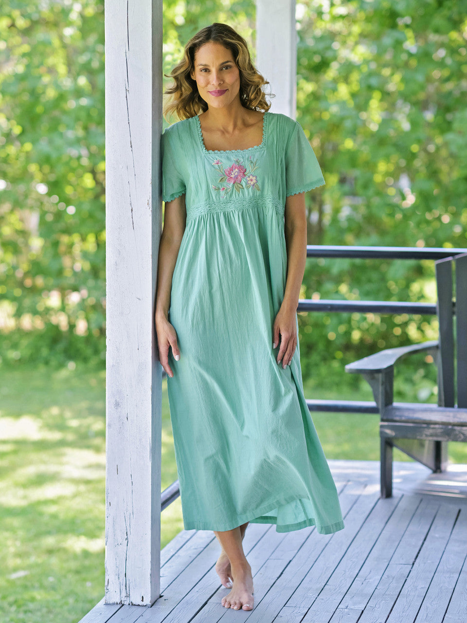 April Cornell Island Flower Cotton Nightgown – Embroidered Soft Teal Sleeveless Nighty