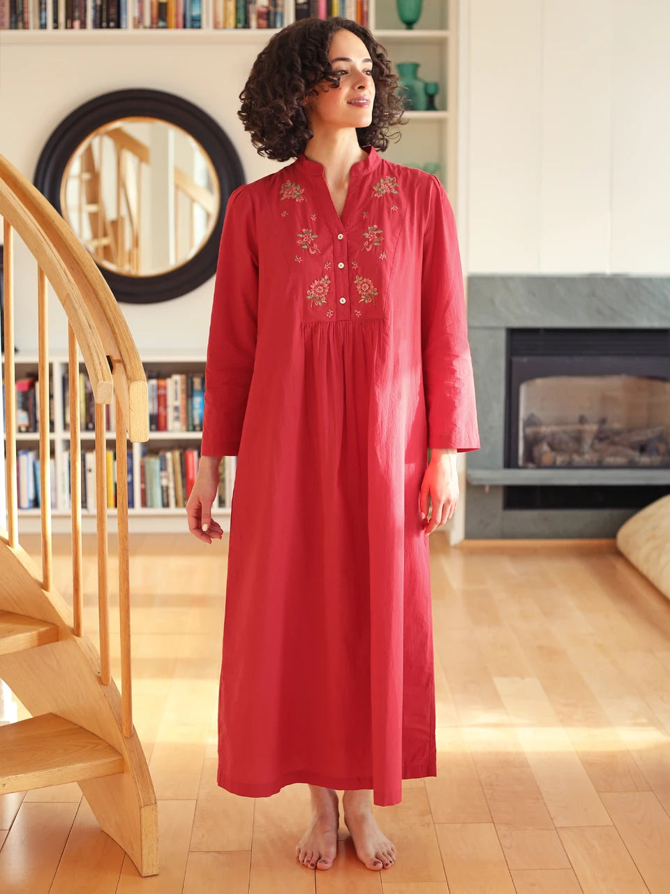 April Cornell Merriment Red Long Cotton Nightgown front view on model — Cloud Nine Pajamas Edmonton