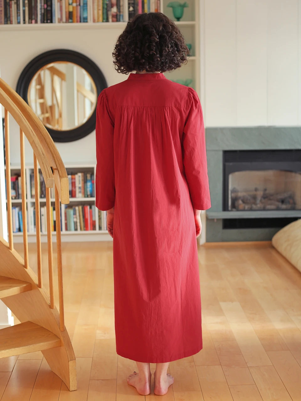 April Cornell Merriment Red Long Cotton Nightgown full length model back view — Cloud Nine Pajamas Edmonton