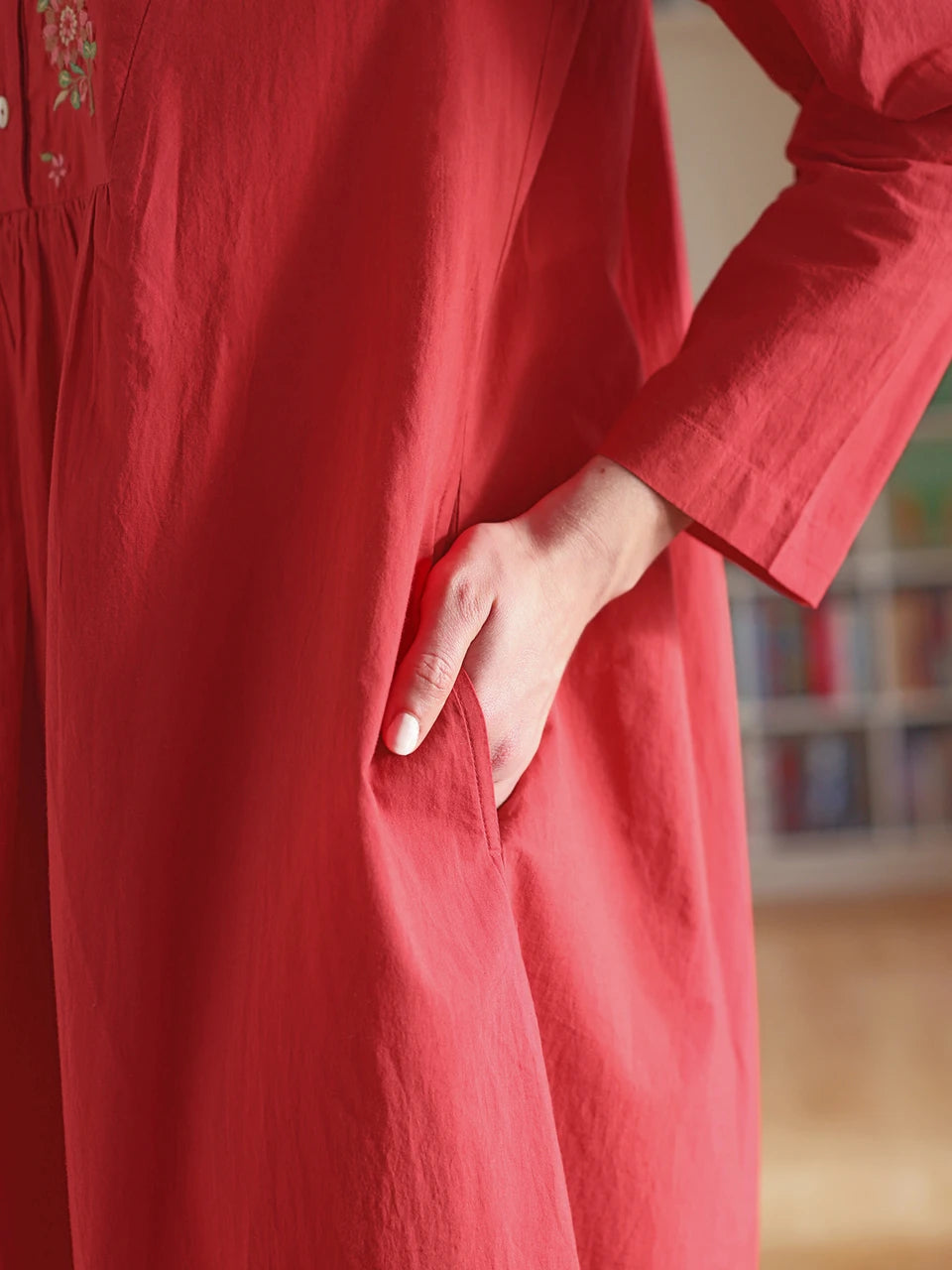 April Cornell Merriment Red Nightgown slit pocket detail  — Cloud Nine Pajamas