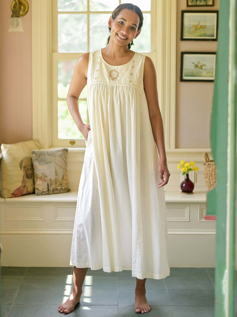 April Cornell Pocket Posies Cotton Nighty - Ecru