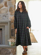 April Cornell Saratoga Blue Plaid Long Flannel Nightgown front view on model — Cloud Nine Pajamas Edmonton