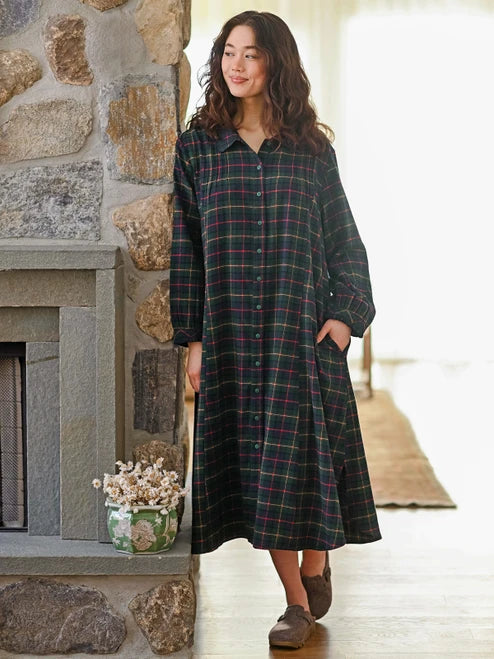 April Cornell Saratoga Blue Plaid Long Flannel Nightgown front view on model — Cloud Nine Pajamas Edmonton