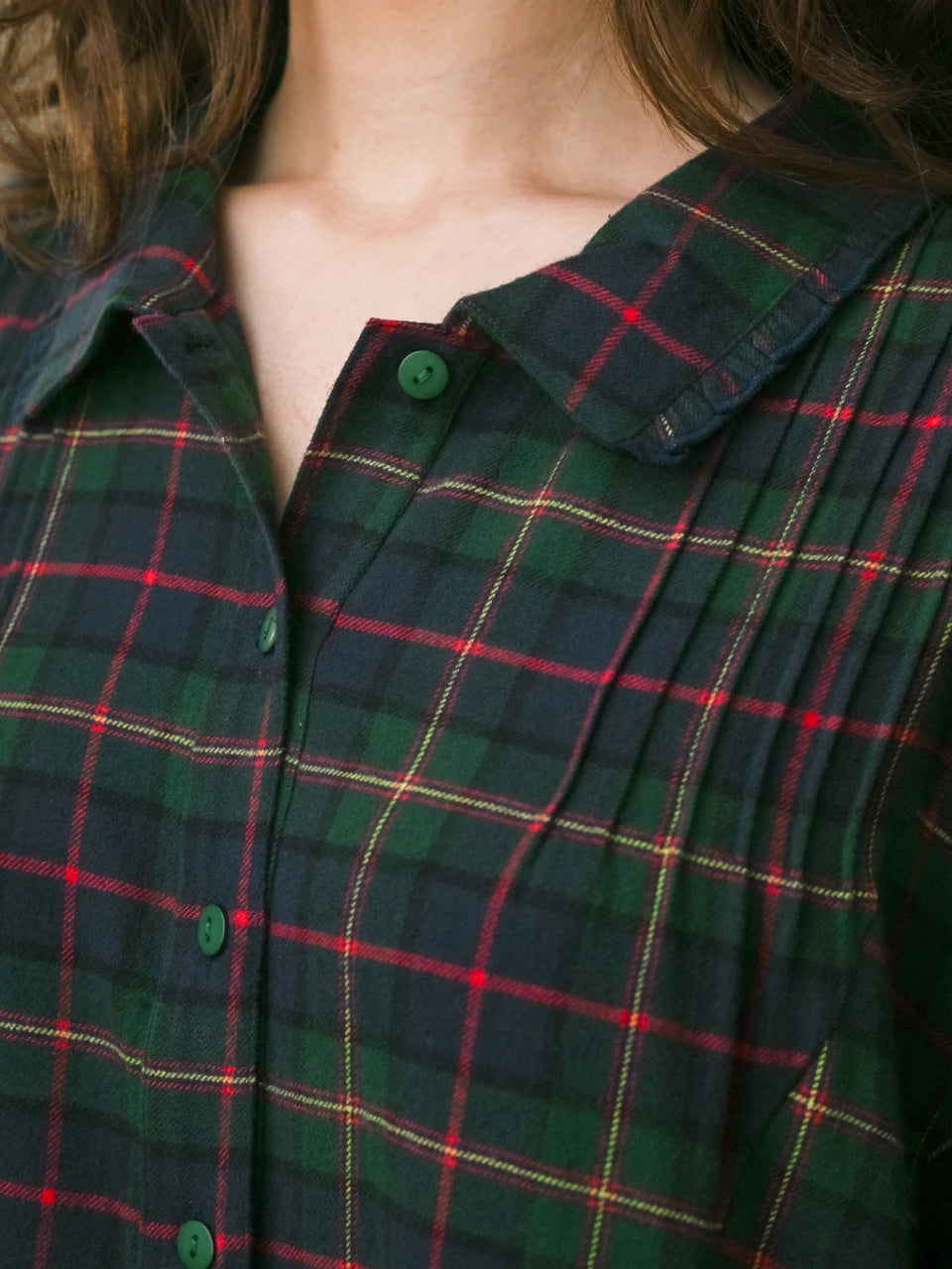 April Cornell Saratoga Nightgown blue-green plaid bodice pintuck pleat detail — Cloud Nine Pajamas
