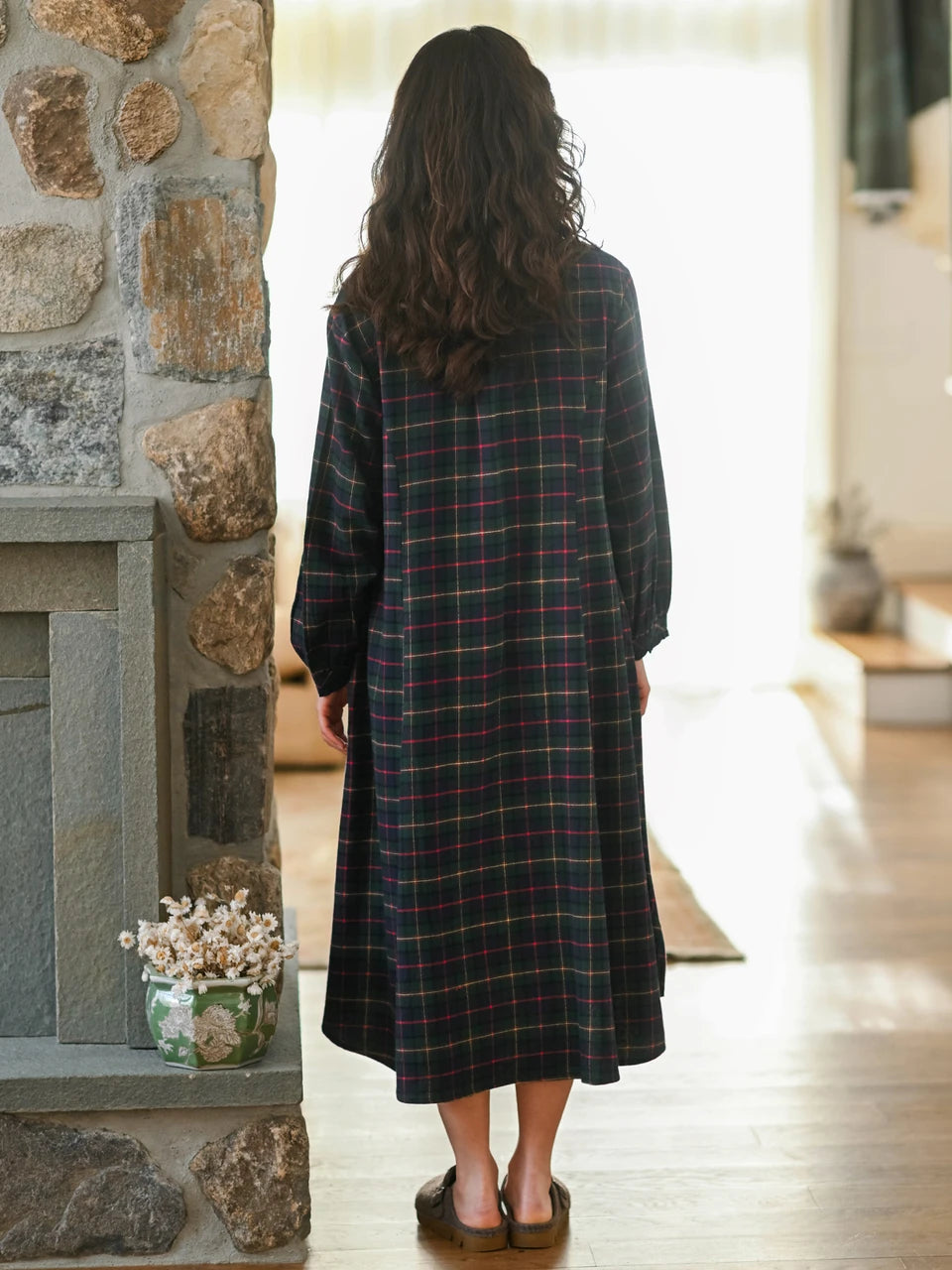 April Cornell Saratoga Blue Plaid Nightgown full length model back view — Cloud Nine Pajamas Edmonton