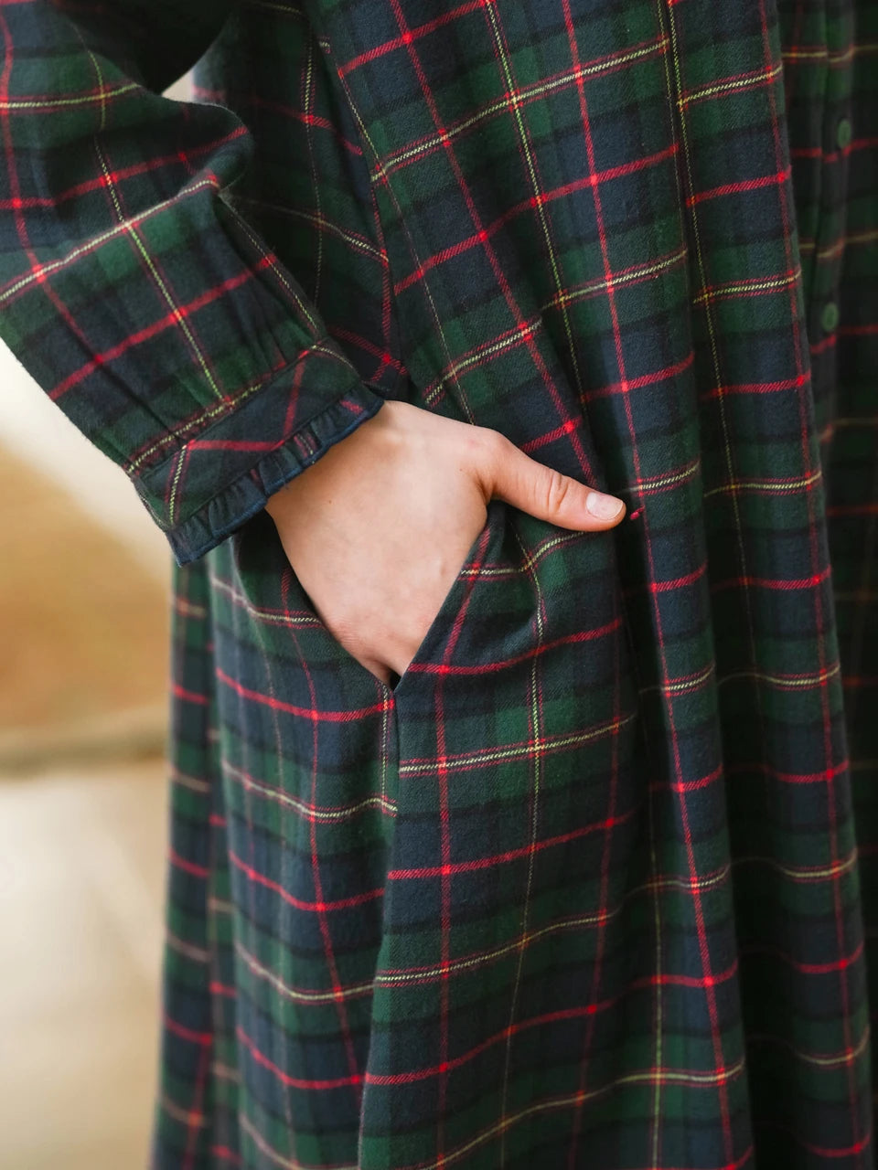 April Cornell Saratoga Nightgown blue-green plaid pocket and sleeve detail — Cloud Nine Pajamas