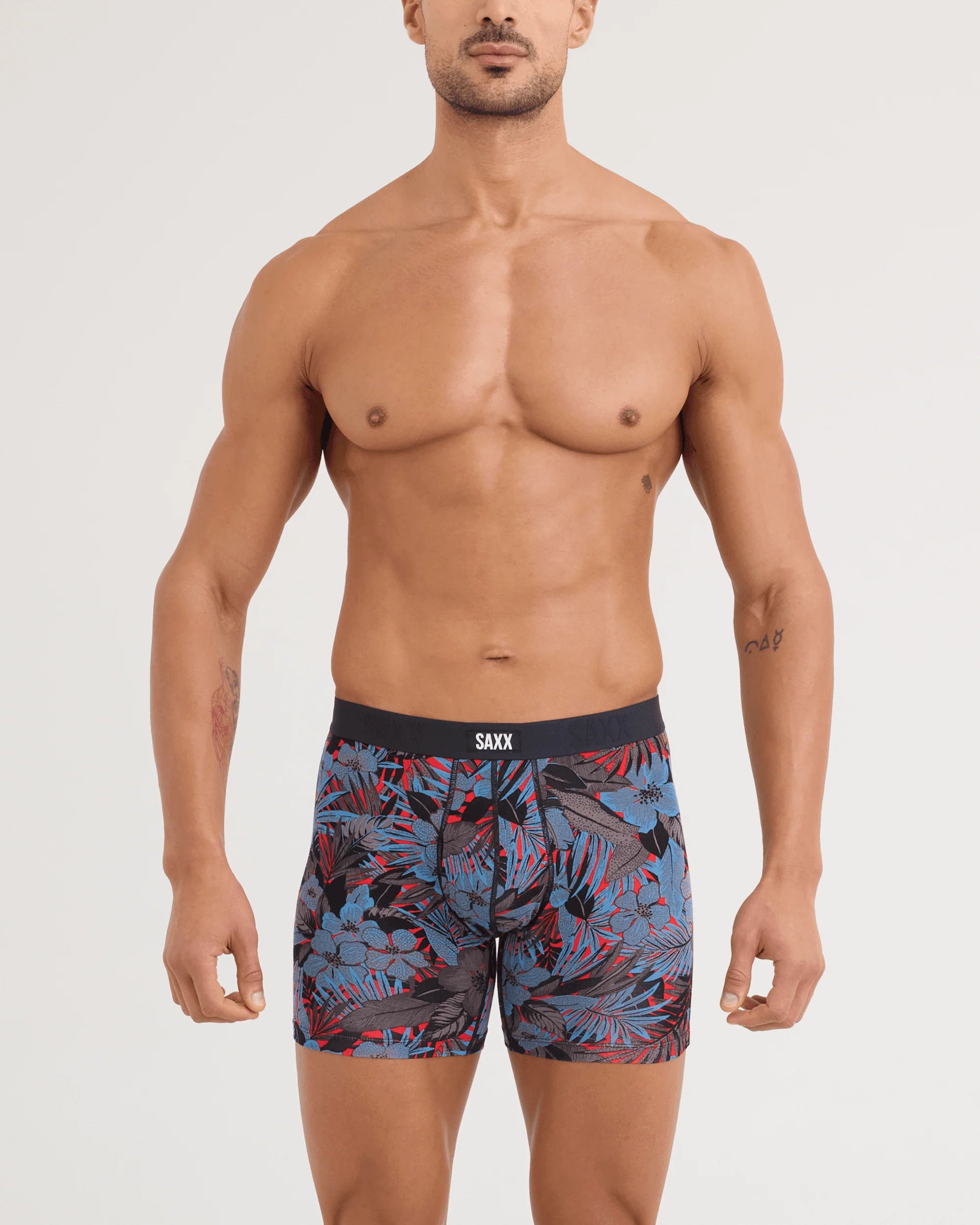 SAXX Vibe Xtra Soft Comfort Boxer Brief Night Garden floral print front on model — Cloud Nine Pajamas Edmonton