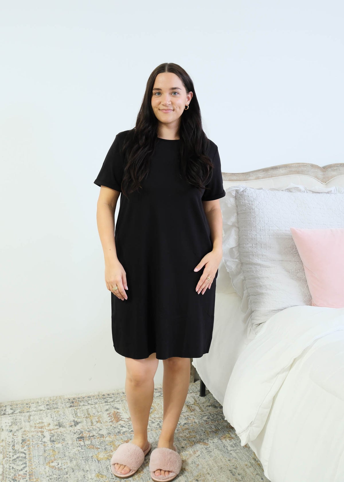 Miranda Nic Cloud Soft Rolled Sleeve Dress Black front view standing beside bed — Cloud Nine Pajamas Edmonton