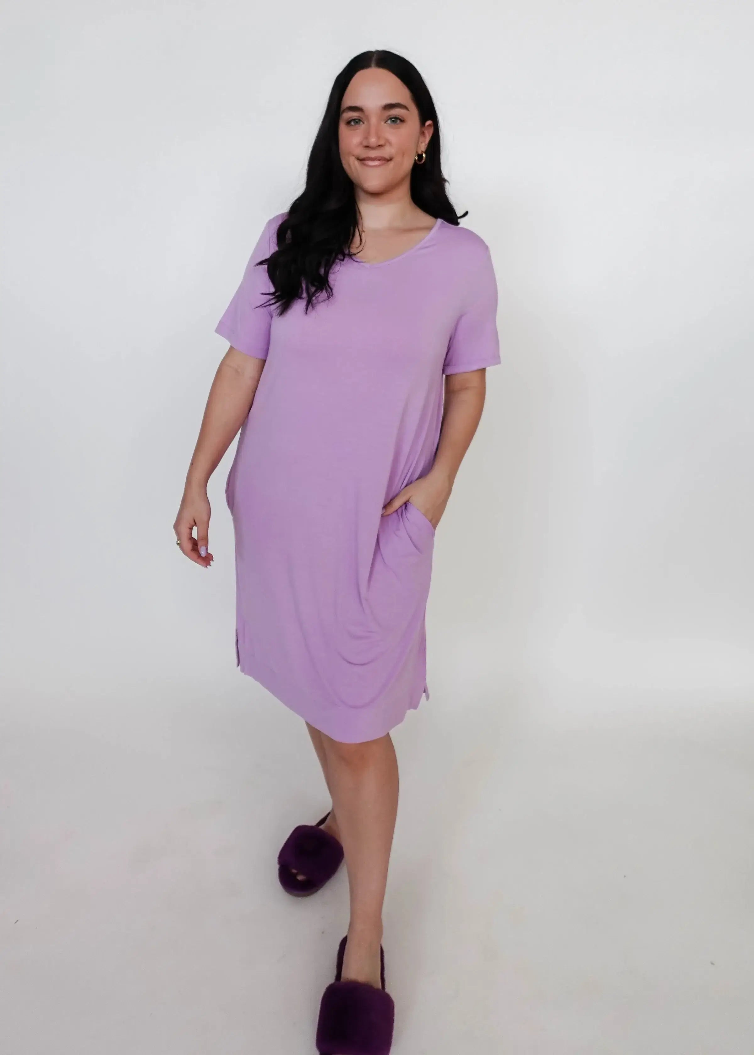 Nightshirt V Neck With Pockets - Bamboo | Lilac