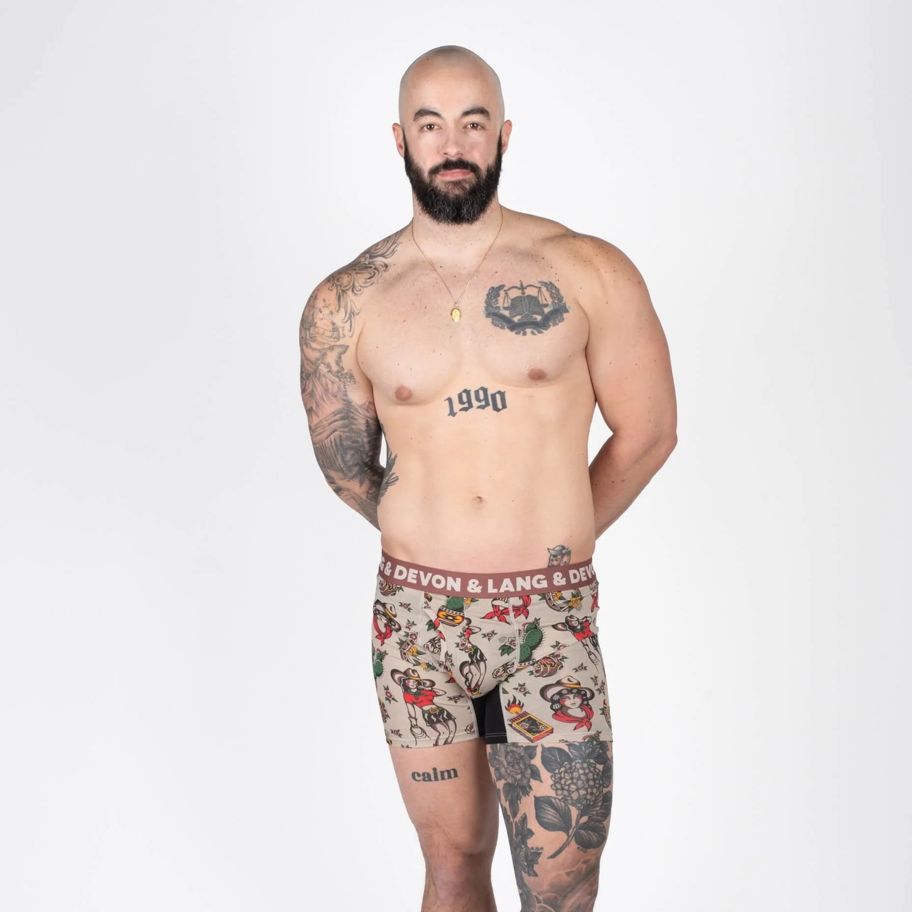 Devon + Lang Journey Boxer Brief vintage outlaw print shown on model