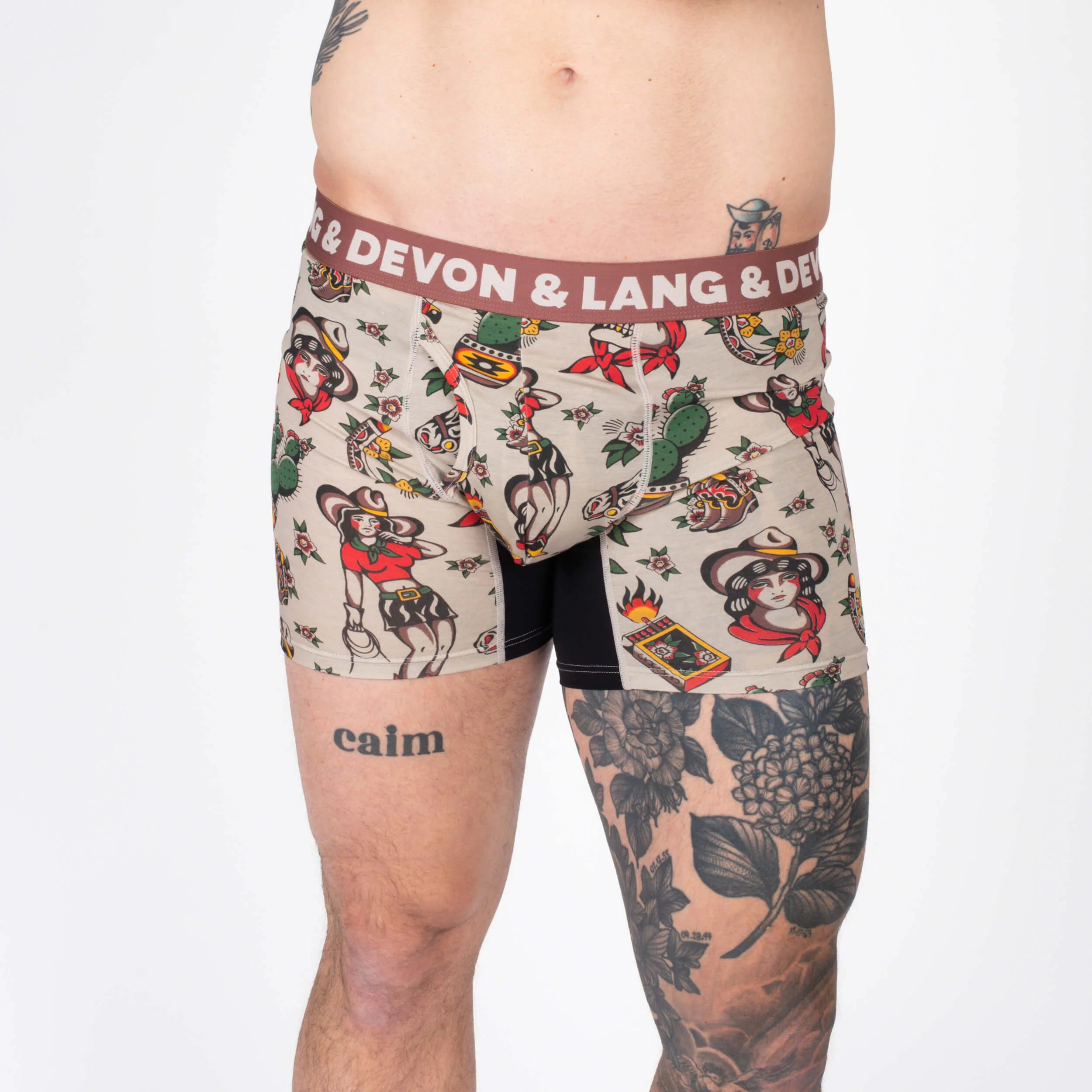 Devon + Lang Journey Boxer Brief vintage outlaw print shown on model