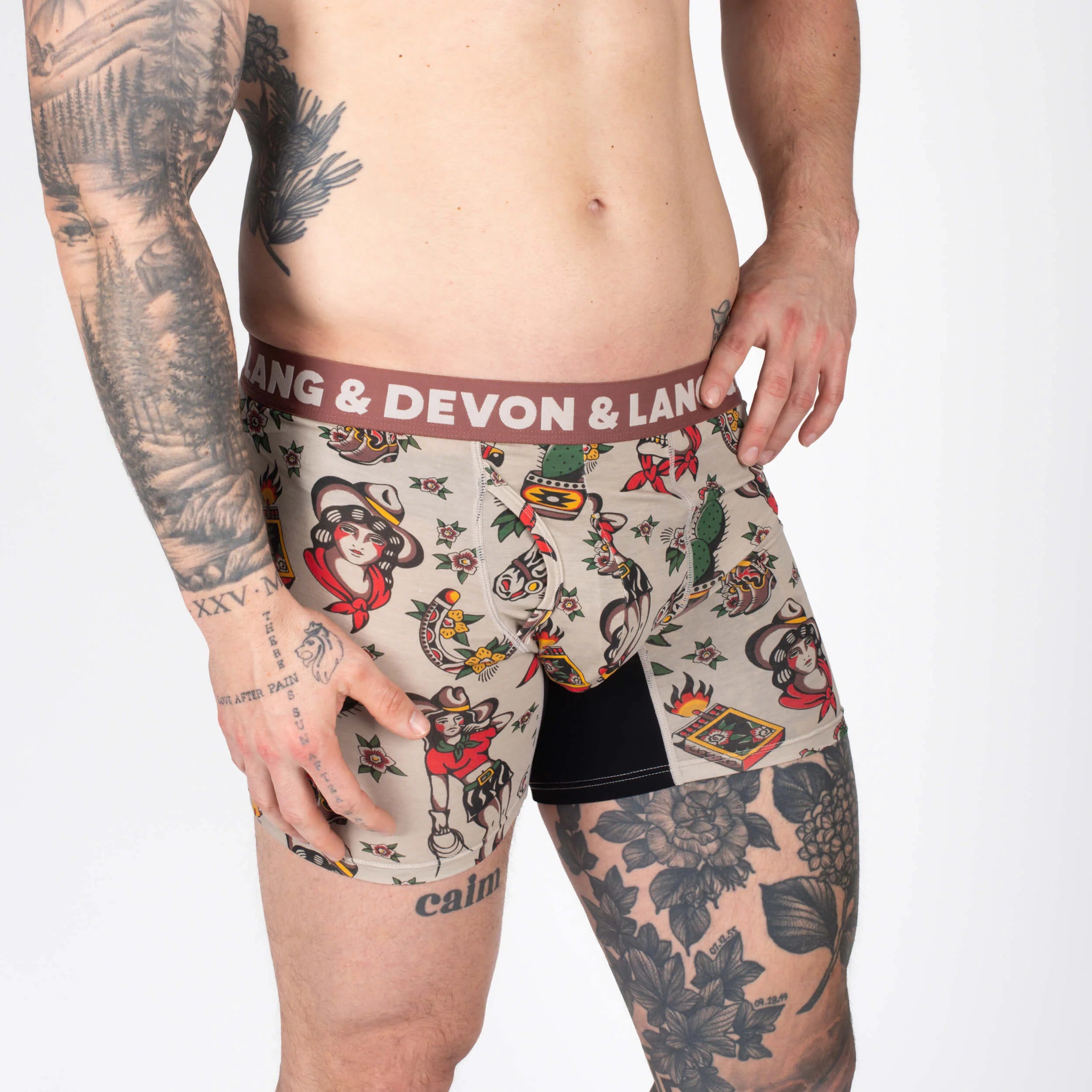 Devon + Lang Journey Boxer Brief vintage outlaw print shown on model