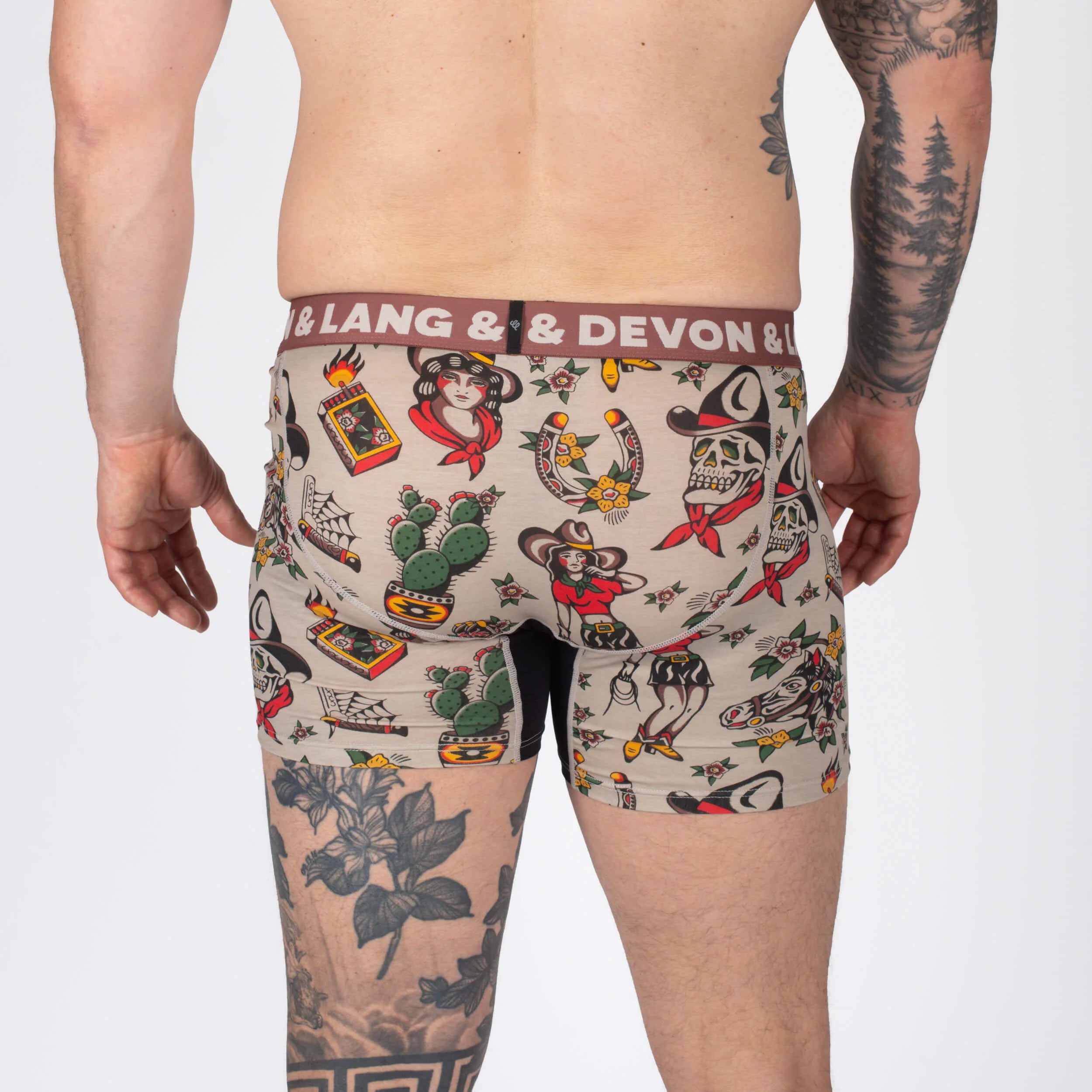 Devon + Lang Journey Boxer Brief vintage outlaw print shown on model - back view