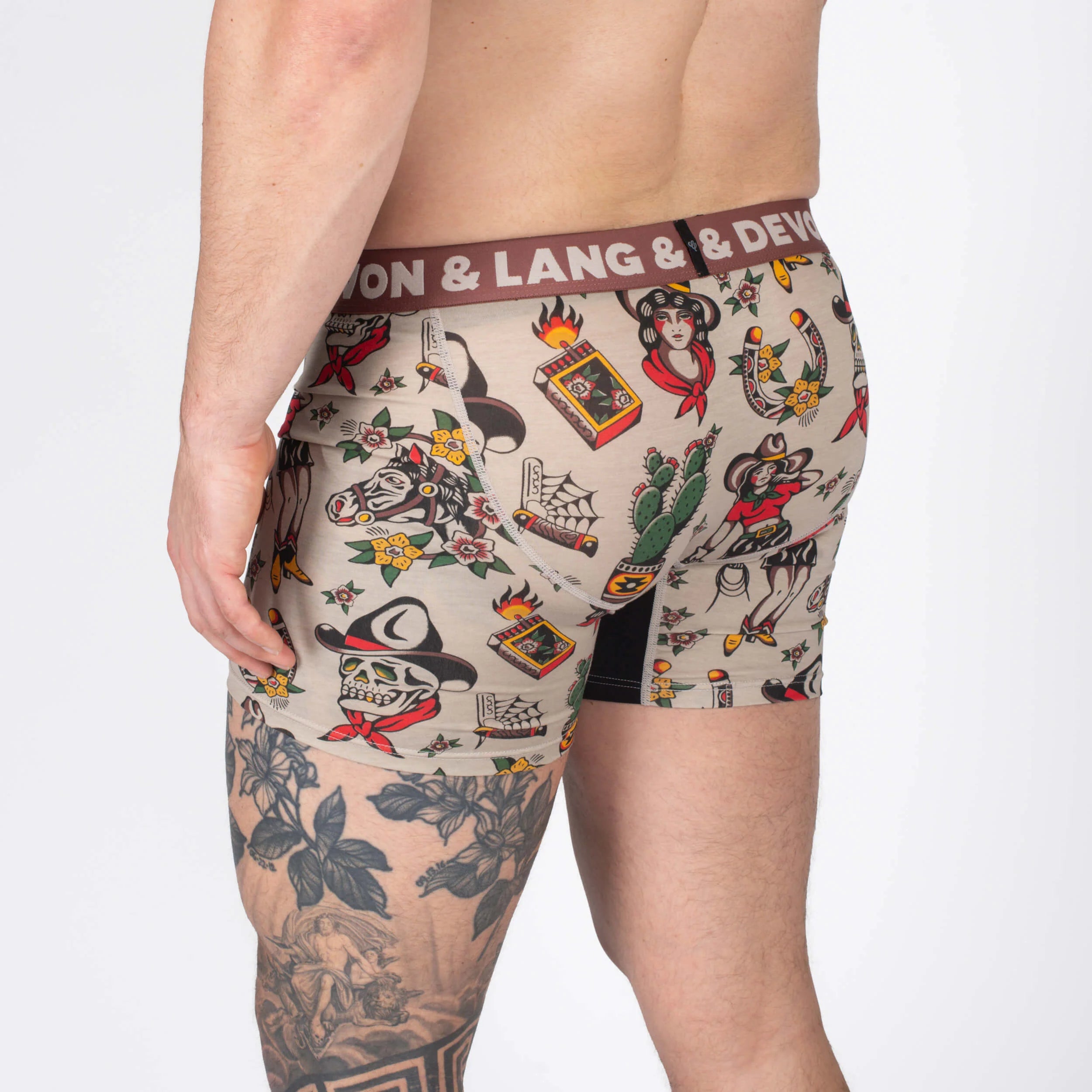 Devon + Lang Journey Boxer Brief vintage outlaw print shown on model