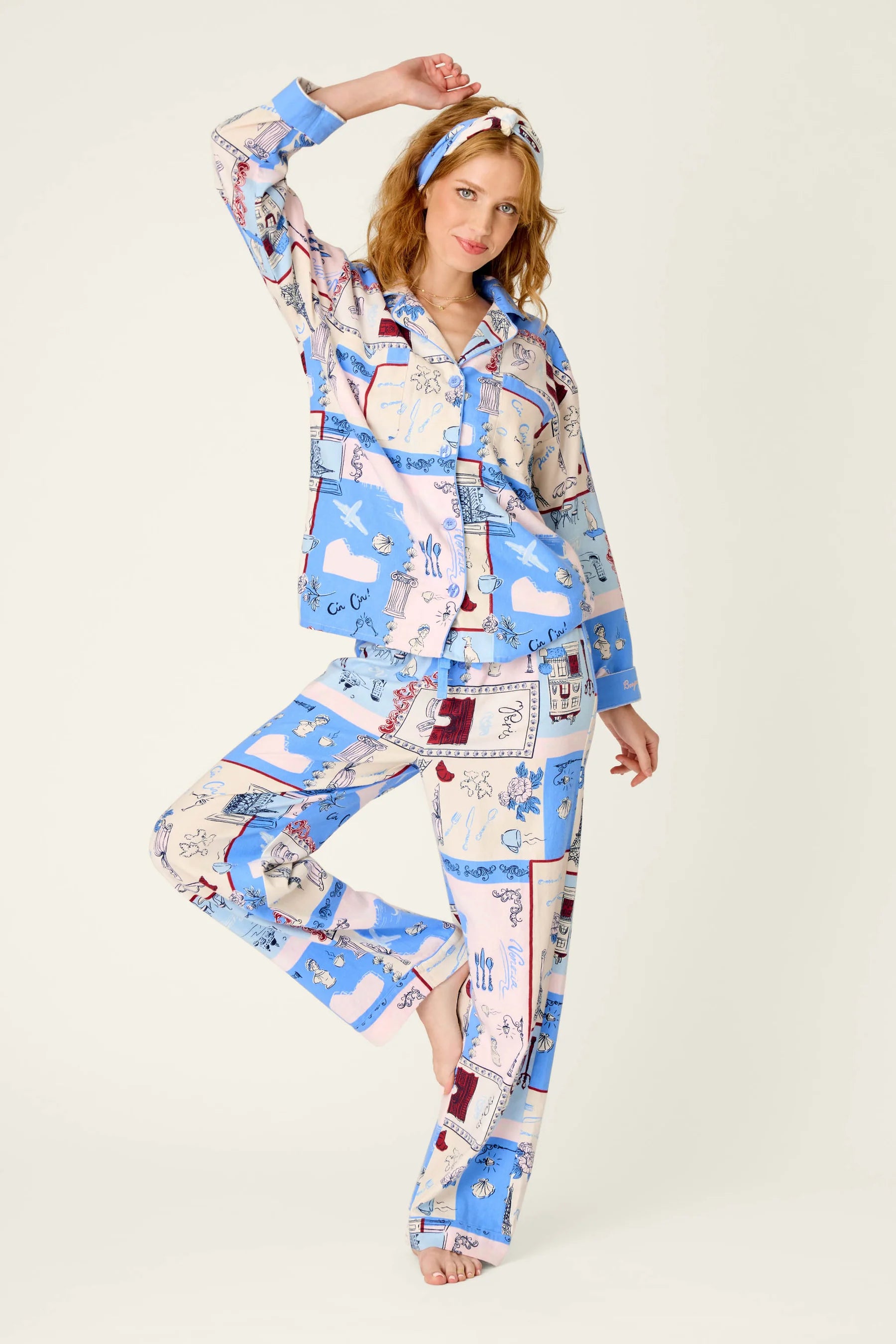 PJ Salvage Allons-Y ivory flannel set full length model — Cloud Nine Pajamas