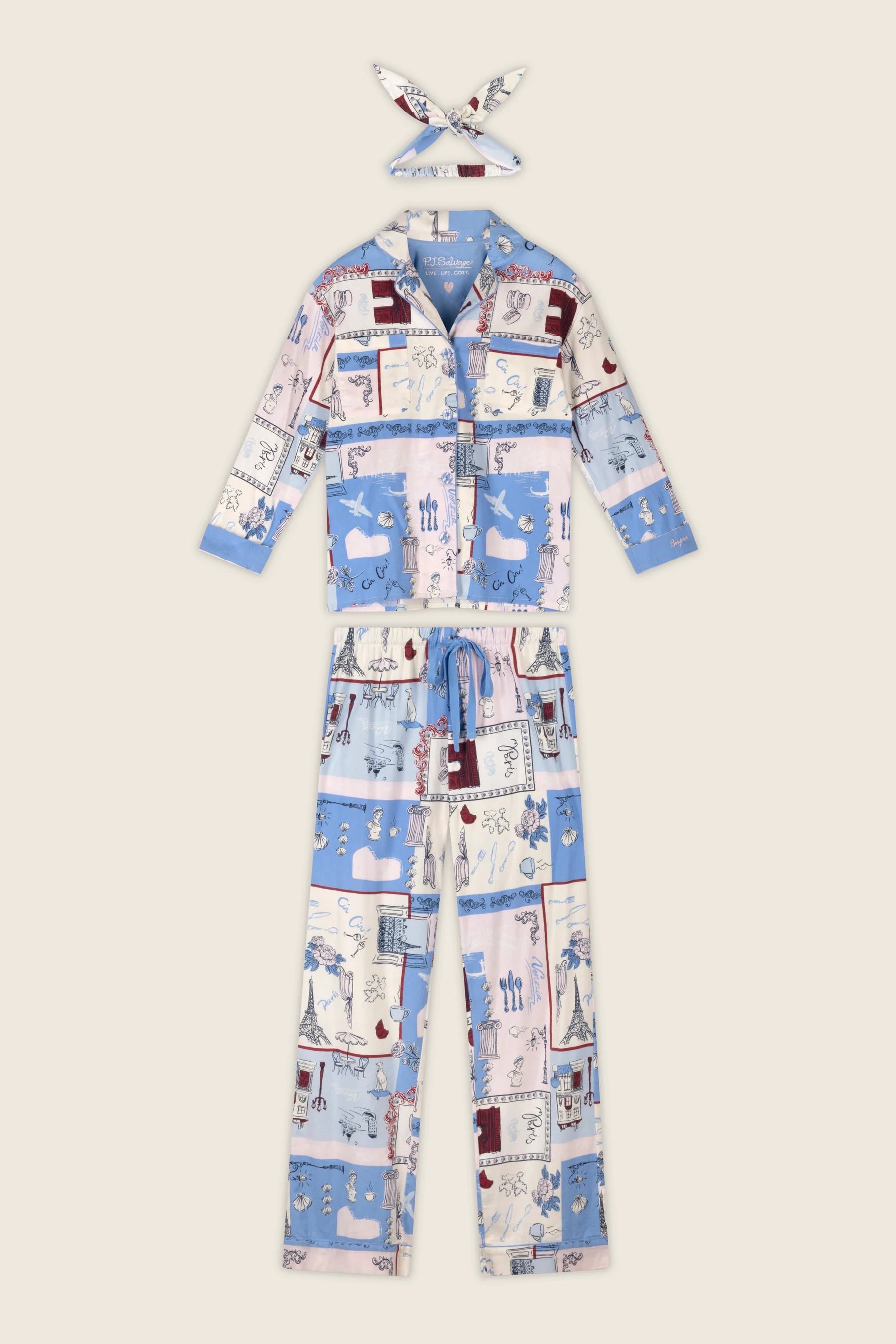 PJ Salvage Allons-Y set Parisian sketch print flat lay — Cloud Nine Pajamas
