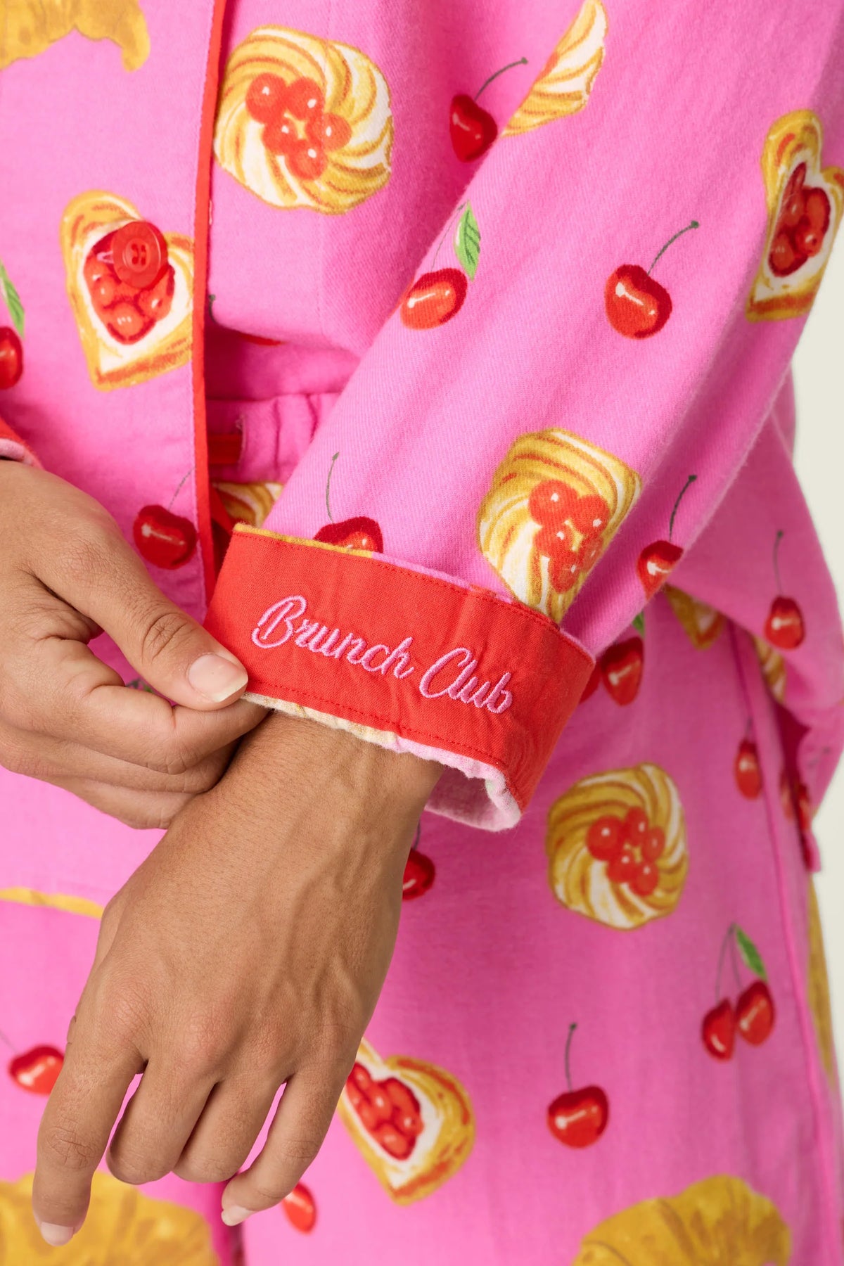 PJ Salvage Brunch Club flannel set "Brunch Club" cuff embroidery detail — Cloud Nine Pajamas