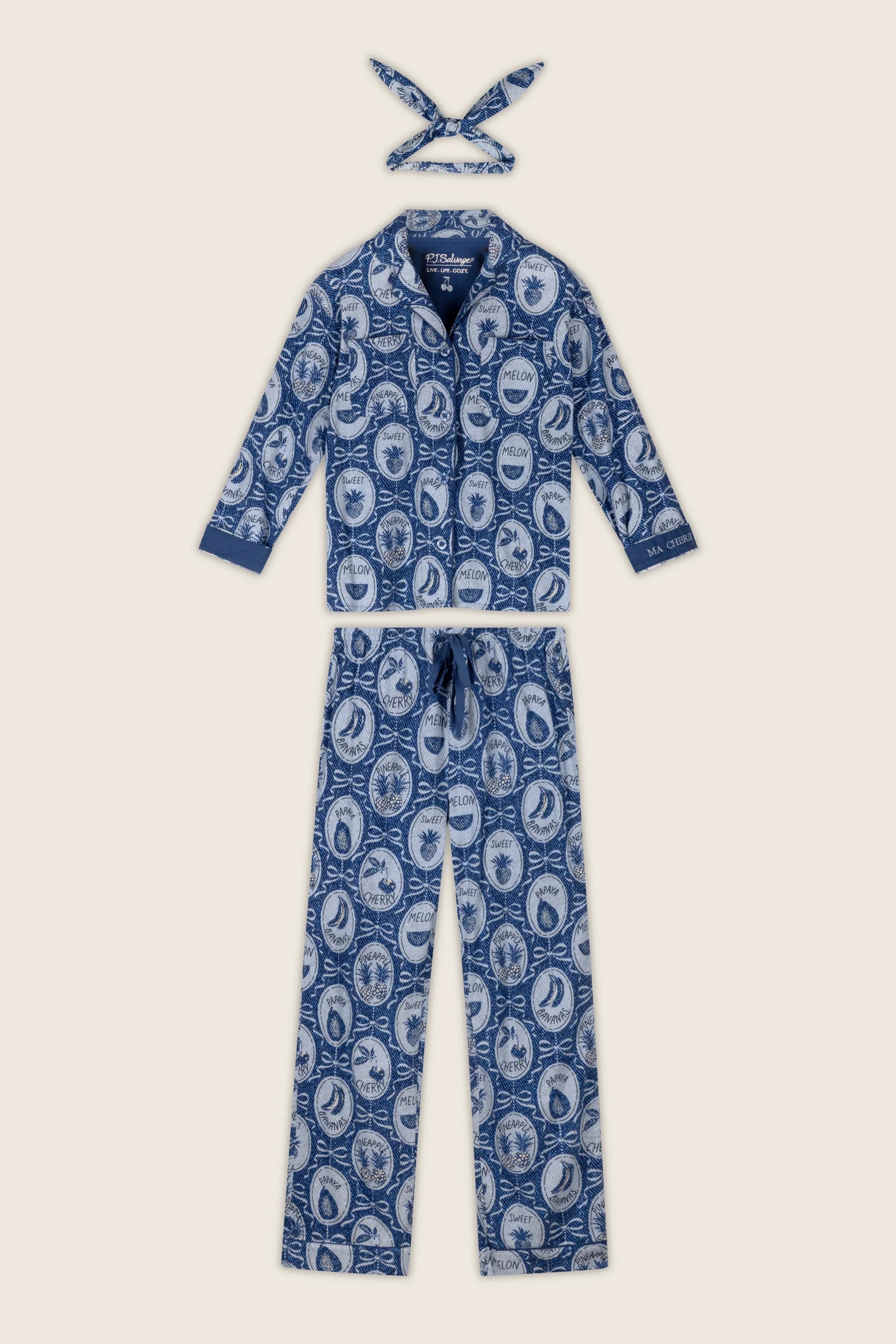 PJ Salvage Ma Cherie navy fruit print flannel set with hair wrap — Cloud Nine Pajamas