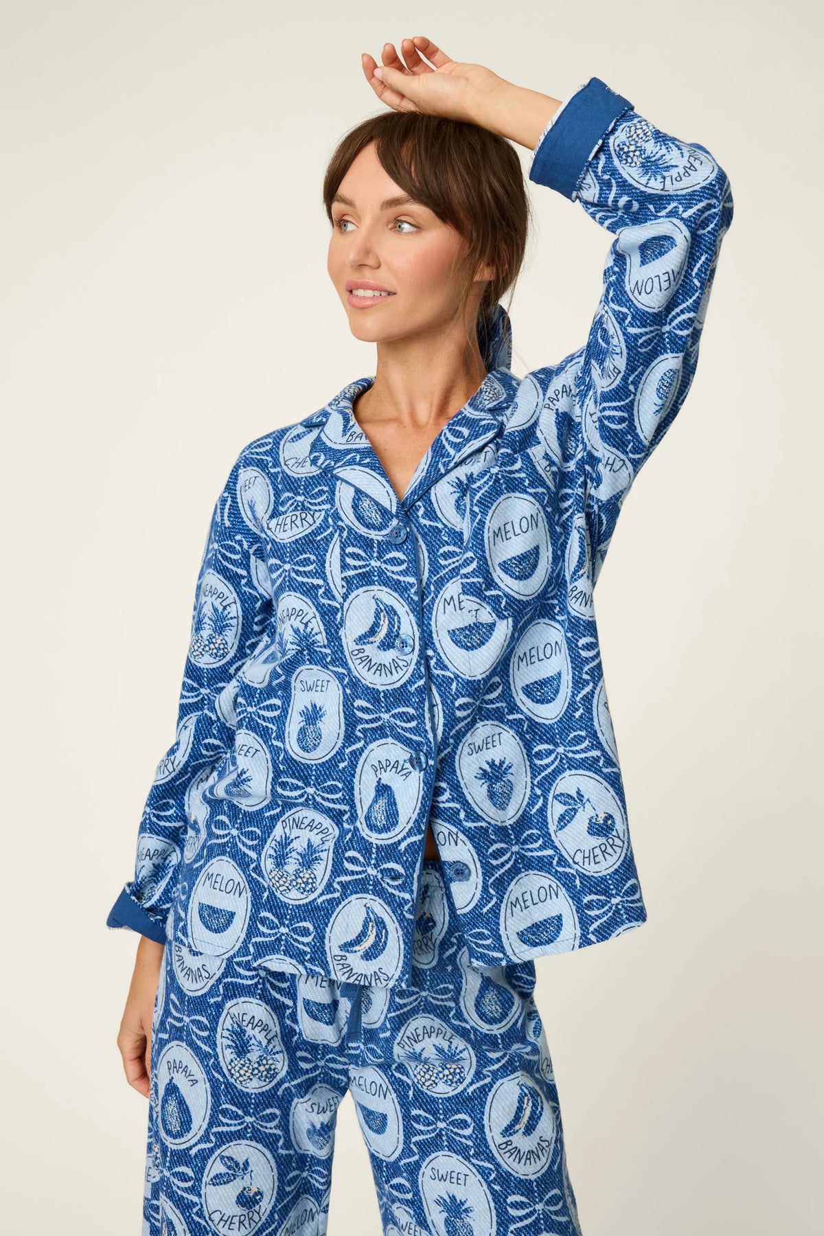 PJ Salvage Ma Cherie Fruit Medley Navy 3-Piece Flannel PJ Set front view close up — Cloud Nine Pajamas Edmonton