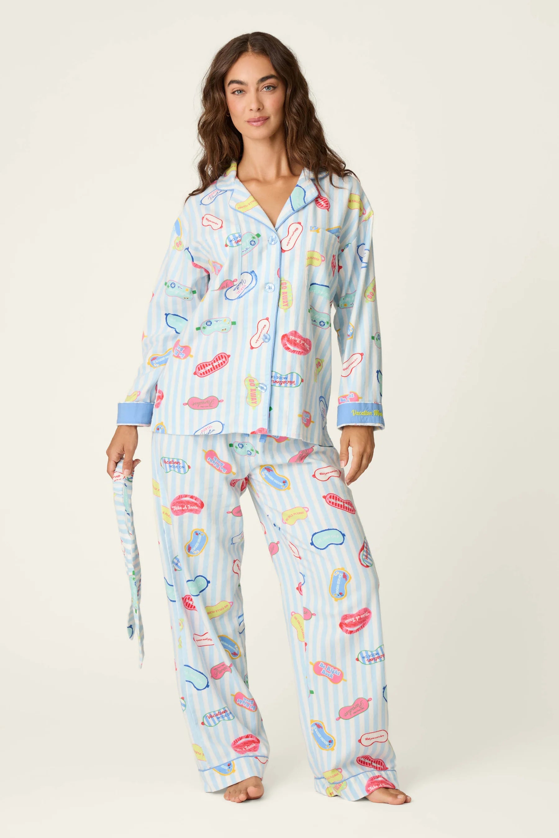 PJ Salvage Out of Office Eyemask Print 3-Piece Flannel PJ Set front view model — Cloud Nine Pajamas Edmonton