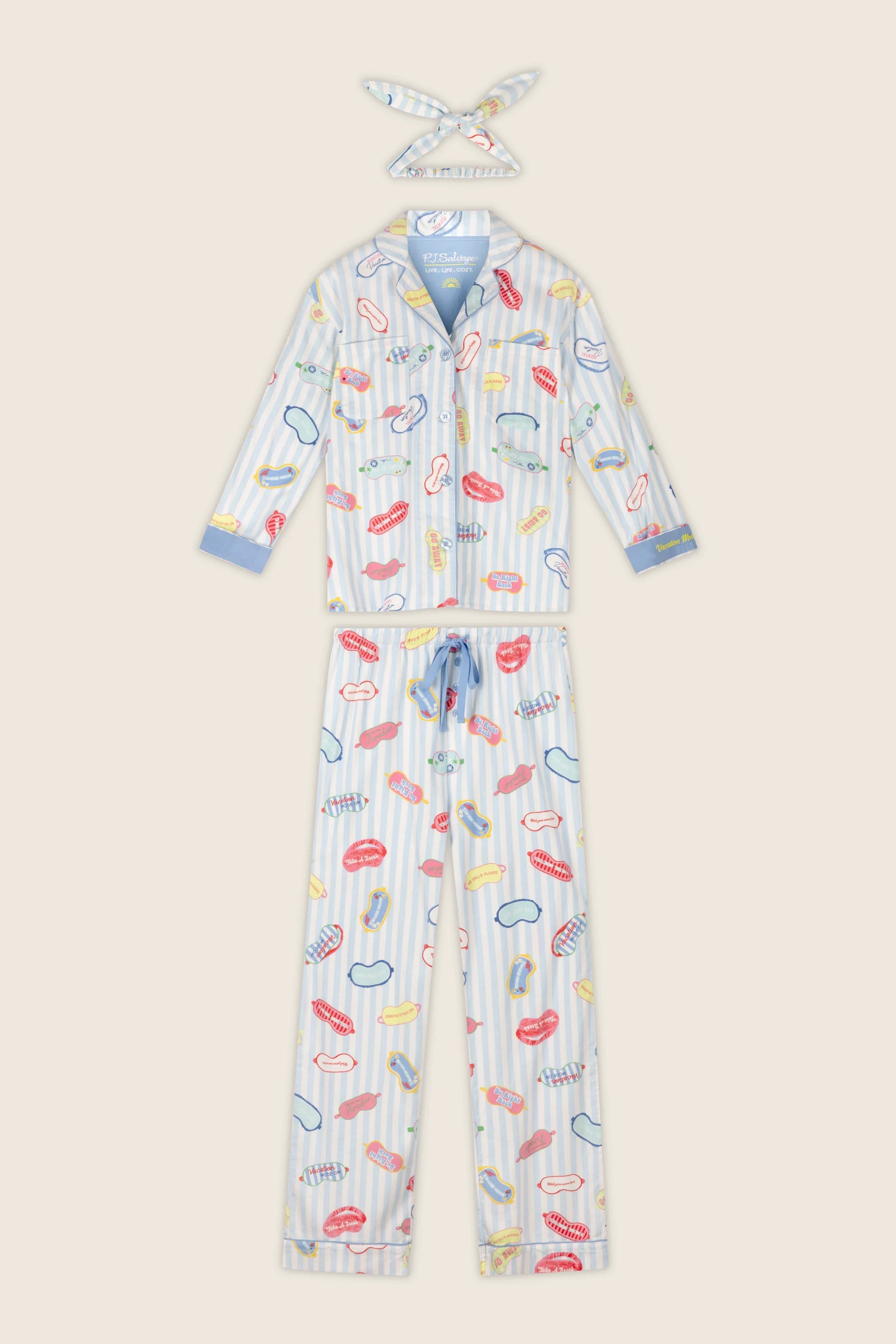 PJ Salvage Vacation Mode 3-piece flannel set with hair wrap — Cloud Nine Pajamas