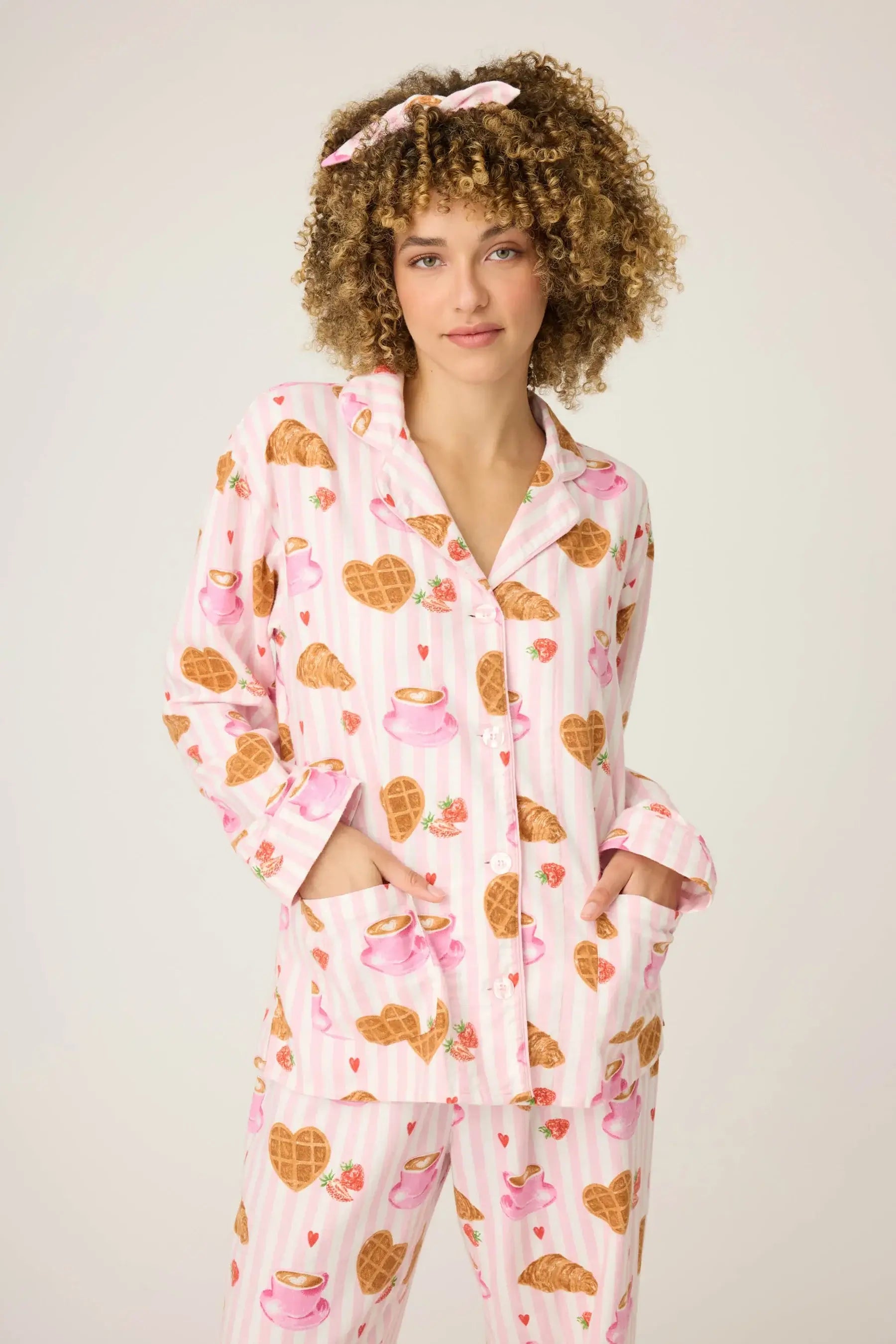 Brunch Club Breakfast Print Flannel PJ Set from PJ Salvage, featuring cute breakfast-themed patterns in soft flannel.