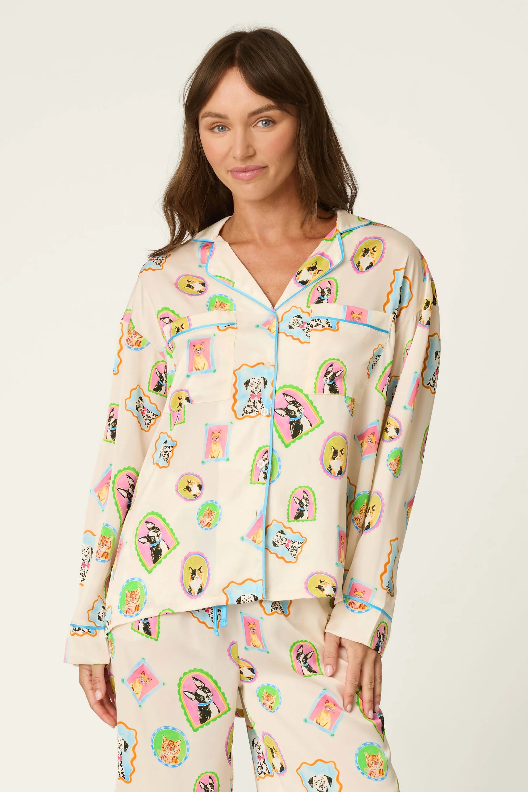 PJ Salvage Picture Purrfect Pet Portraits Satin Pajama Set front view on model — Cloud Nine Pajamas Edmonton