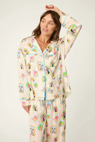 PJ Salvage Picture Purrfect silky satin long sleeve top front detail — Cloud Nine Pajamas