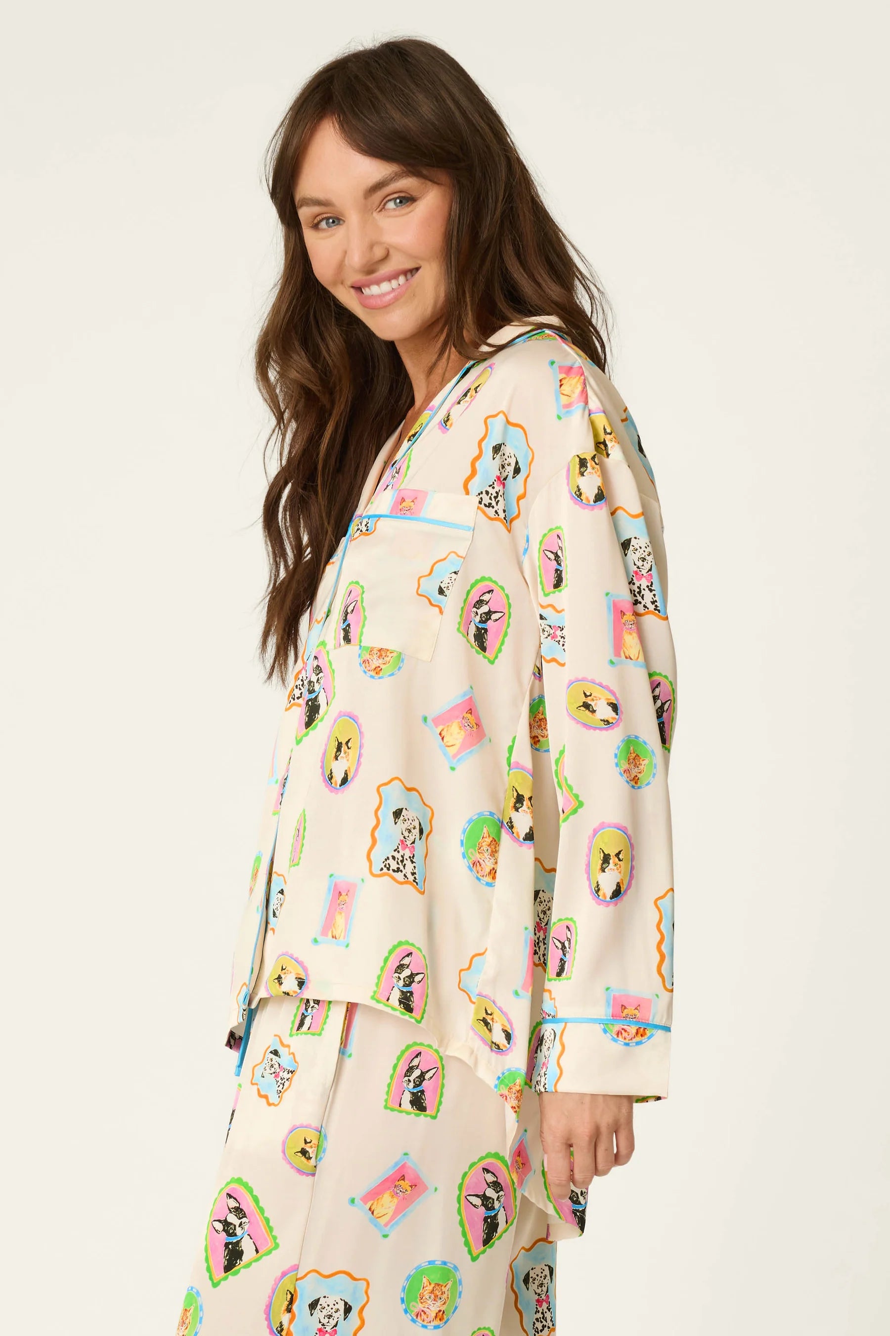 PJ Salvage Picture Purrfect satin pyjama top shirttail hem detail — Cloud Nine Pajamas