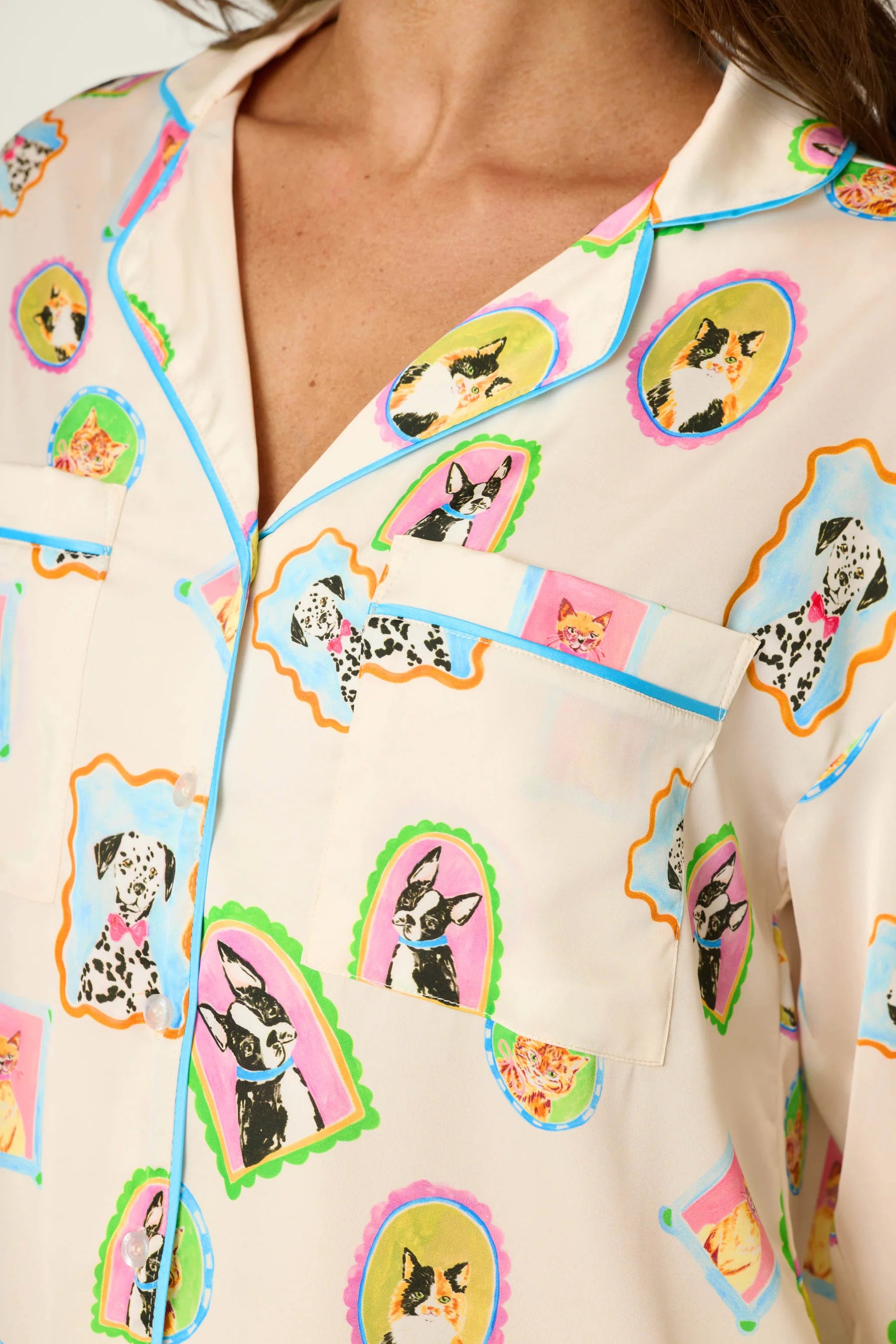PJ Salvage Picture Purrfect silky satin long sleeve top front pocket detail — Cloud Nine Pajamas