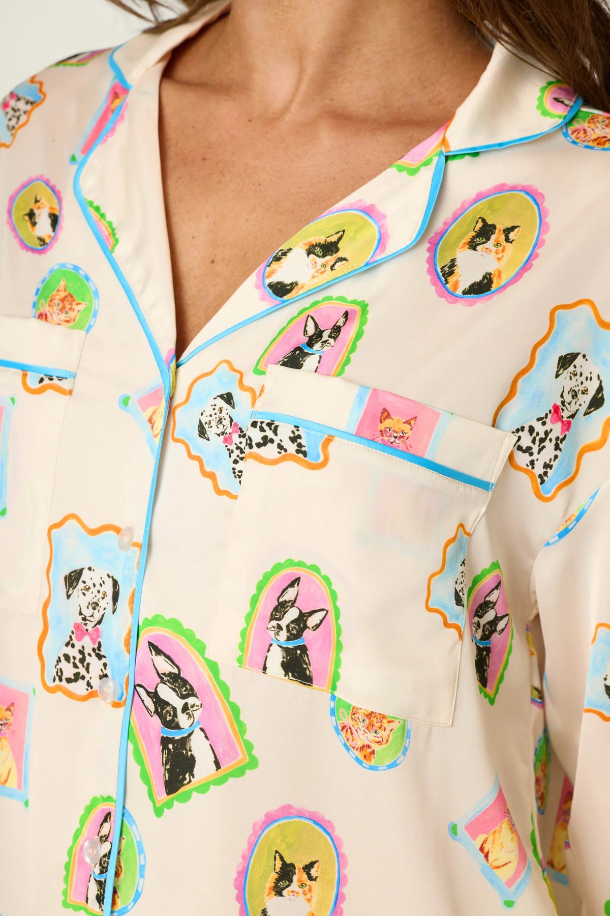 PJ Salvage Picture Purrfect silky satin long sleeve top front pocket detail — Cloud Nine Pajamas