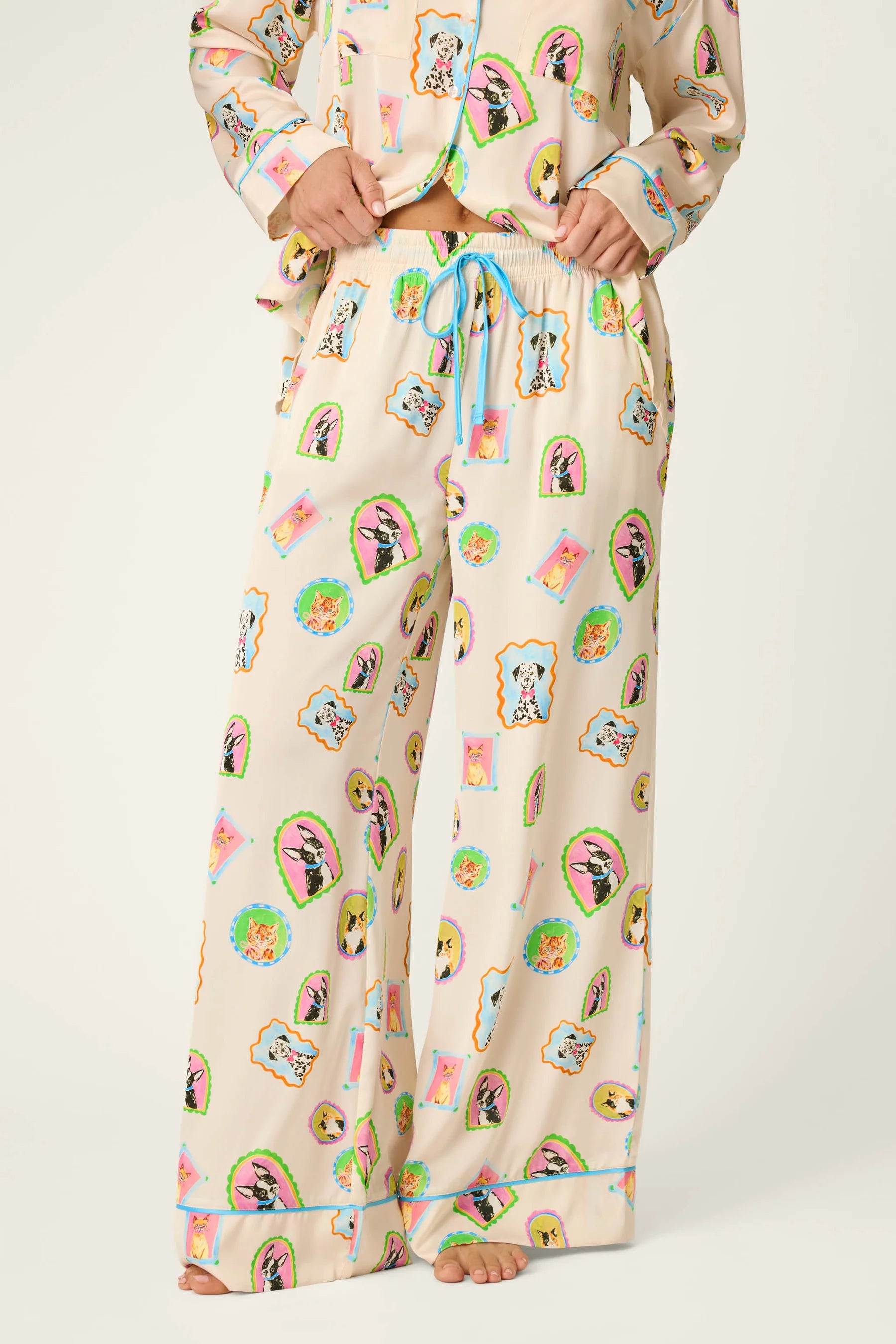PJ Salvage Picture Purrfect satin set wide-leg pant detail — Cloud Nine Pajamas