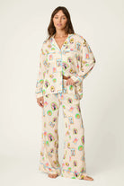 PJ Salvage Picture Purrfect Pet Portraits Satin Pajama Set front view on model — Cloud Nine Pajamas Edmonton