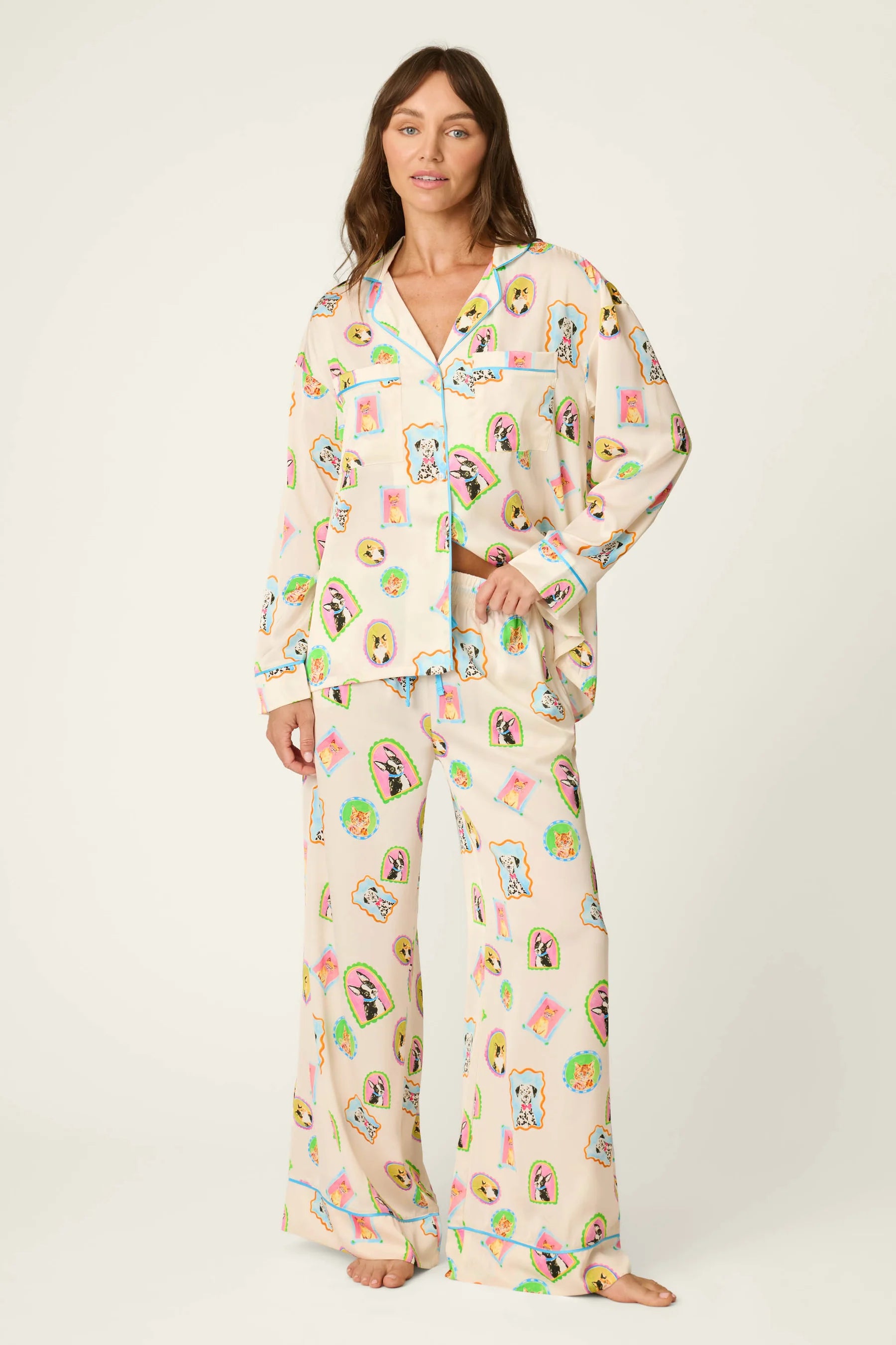 PJ Salvage Picture Purrfect Pet Portraits Satin Pajama Set front view on model — Cloud Nine Pajamas Edmonton