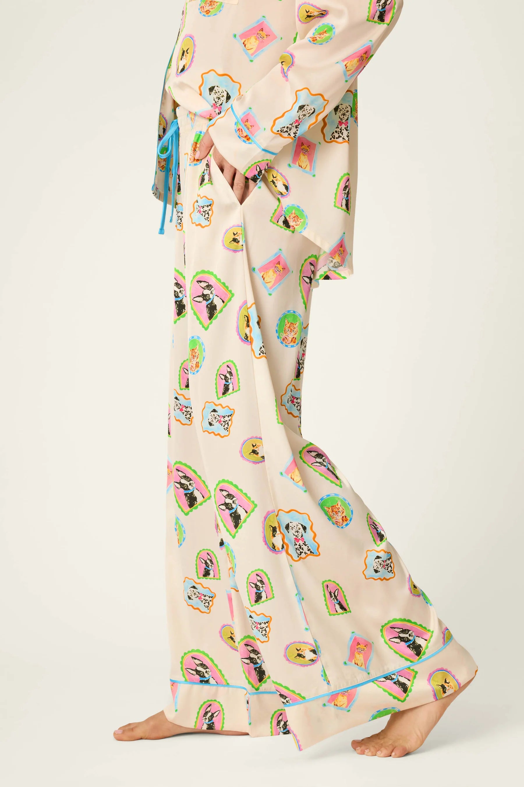 PJ Salvage Picture Purrfect satin pant side view — Cloud Nine Pajamas