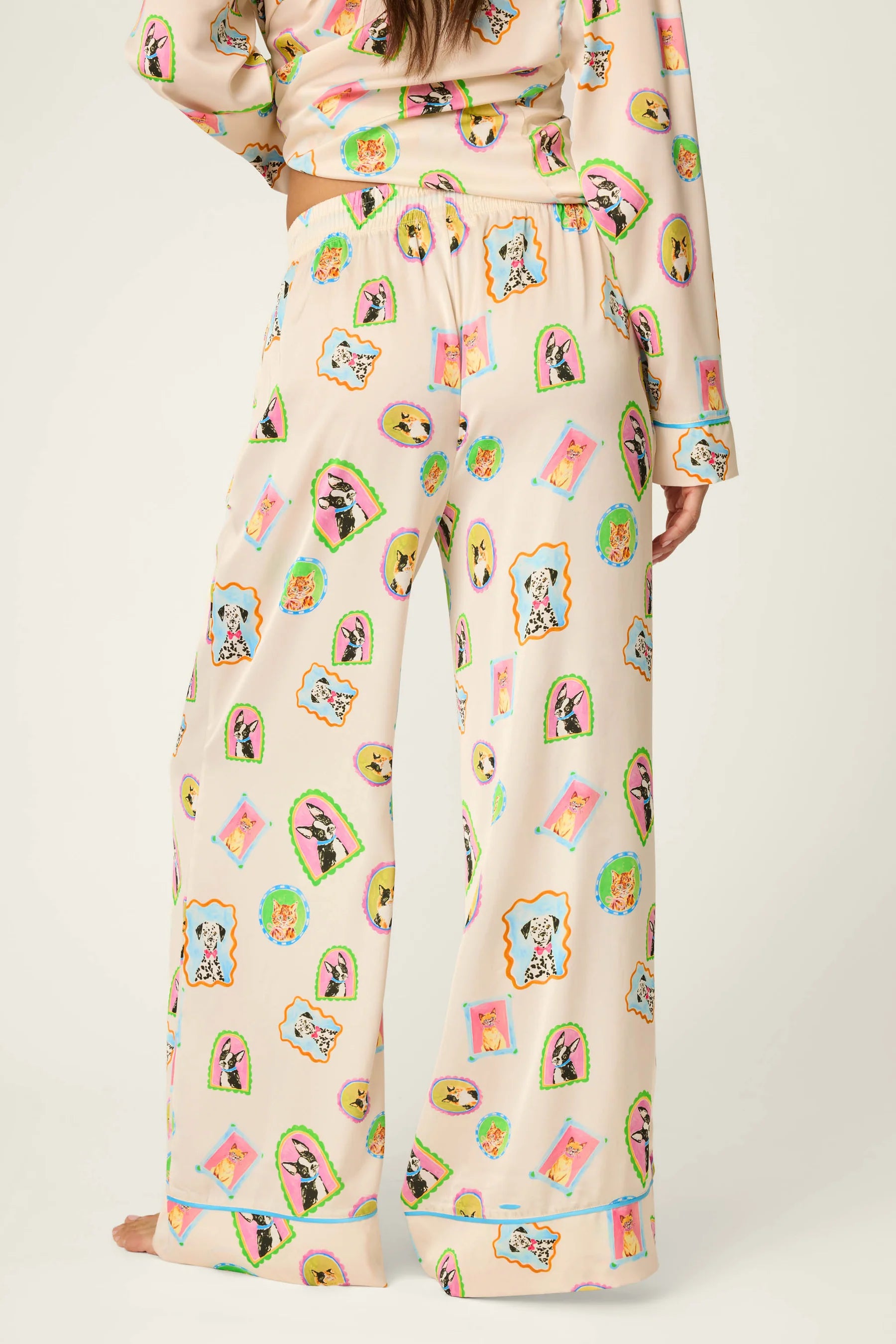 PJ Salvage Picture Purrfect satin wide-leg pant back view — Cloud Nine Pajamas