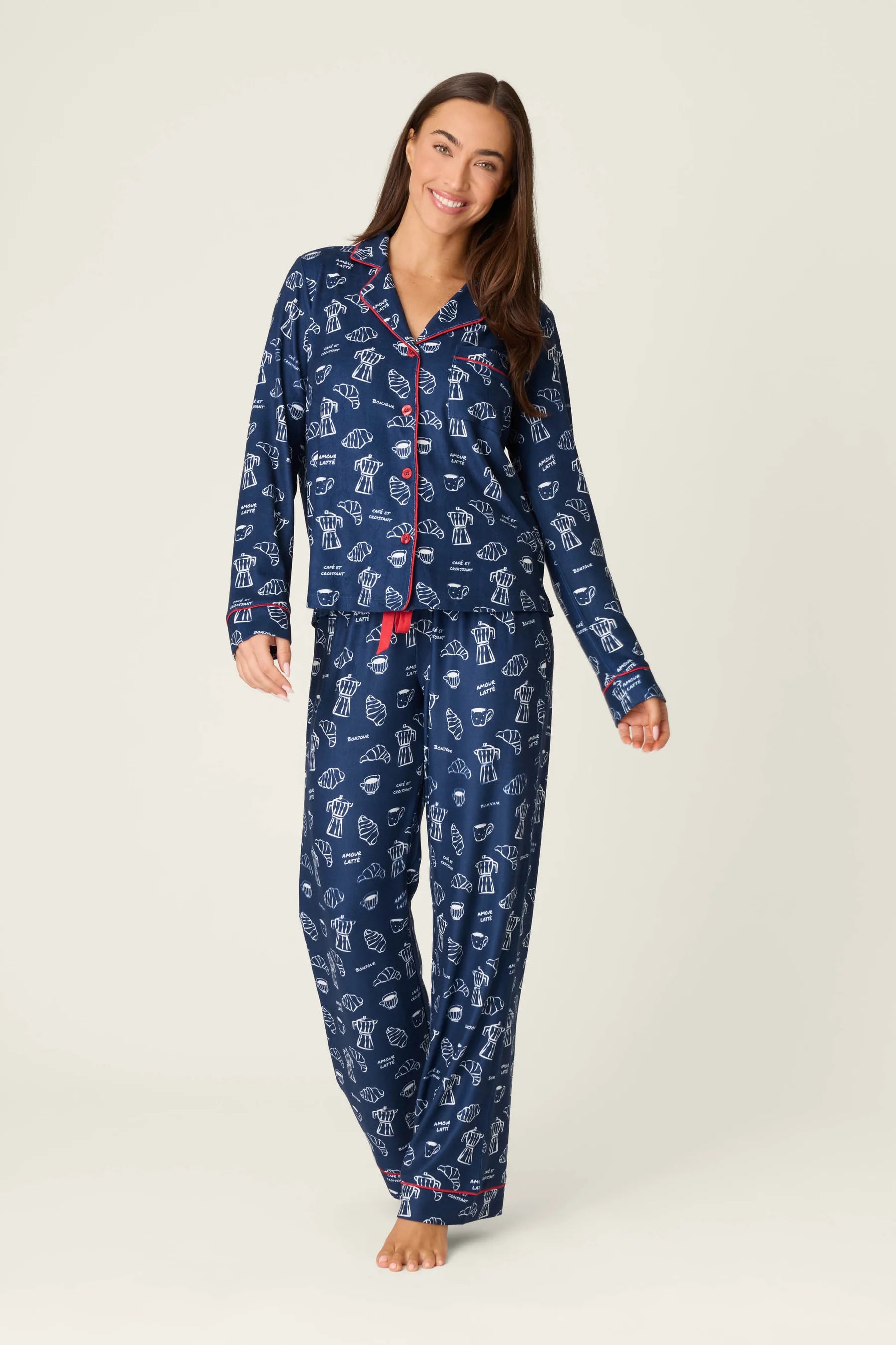 PJ Salvage Bonjour Babe French Breakfast Print Long Sleeve PJ Set front view — Cloud Nine Pajamas Edmonton