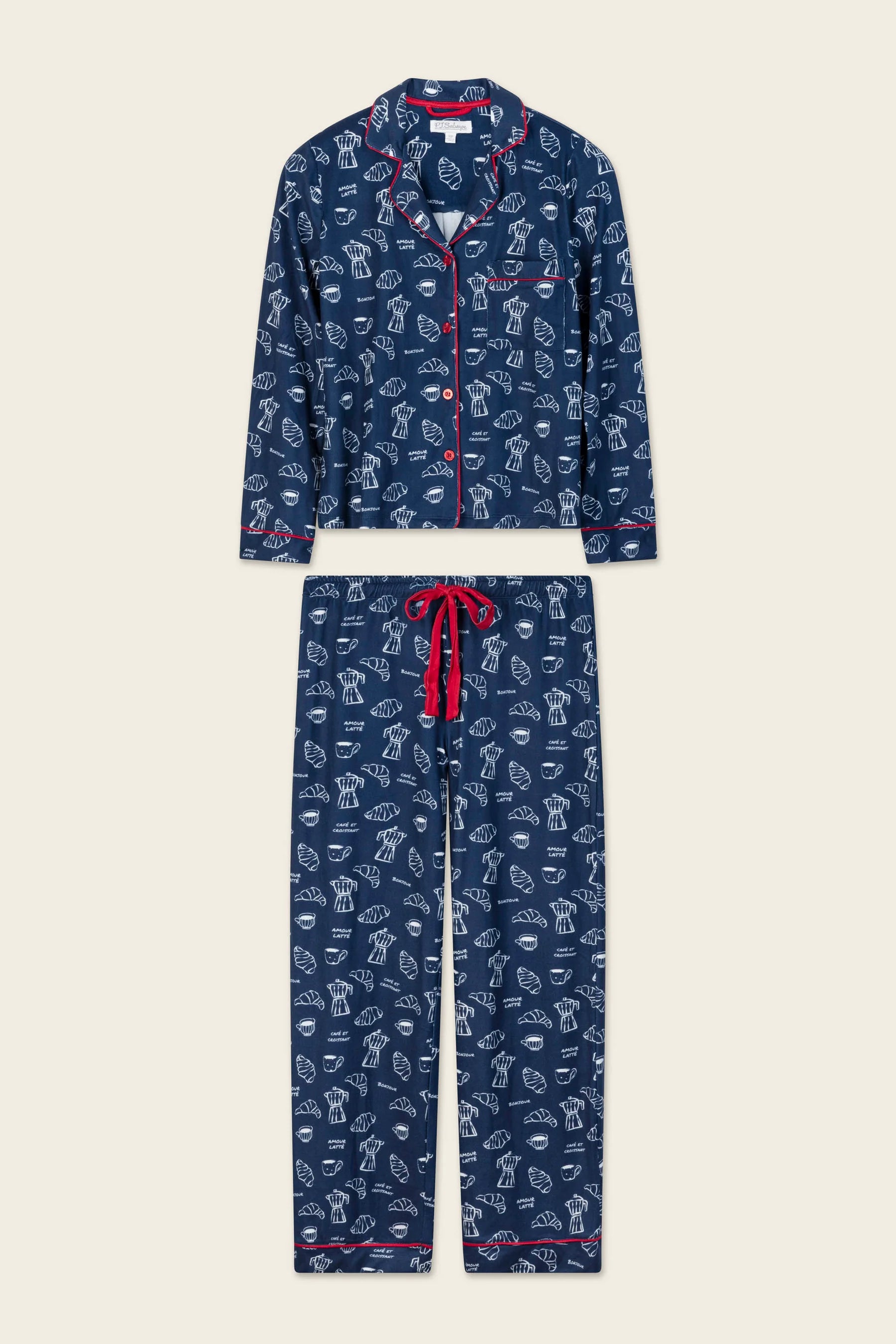 PJ Salvage Bonjour Babe navy butter jersey set wide-leg pant detail — Cloud Nine Pajamas