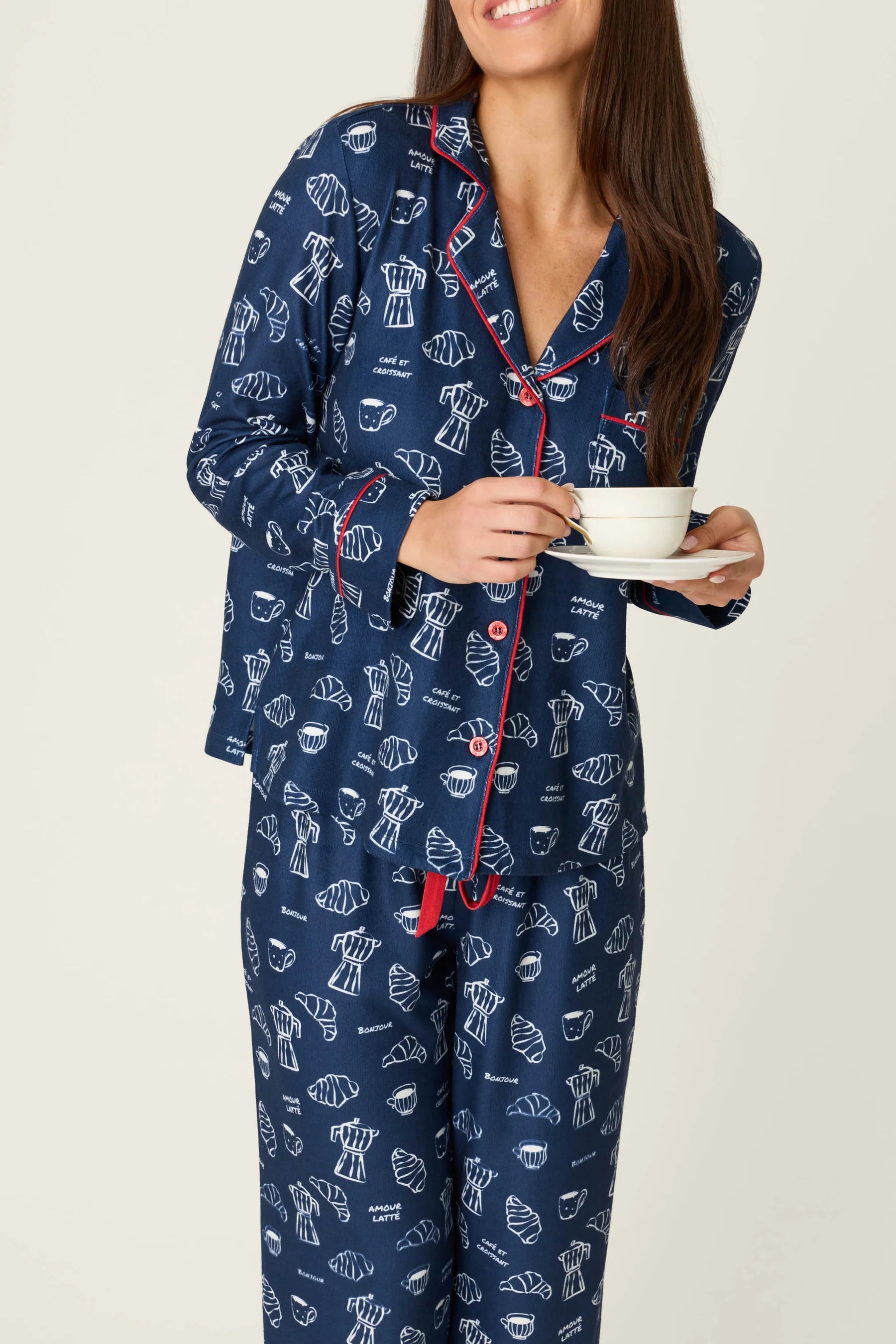 PJ Salvage Bonjour Babe French breakfast print close-up — Cloud Nine Pajamas
