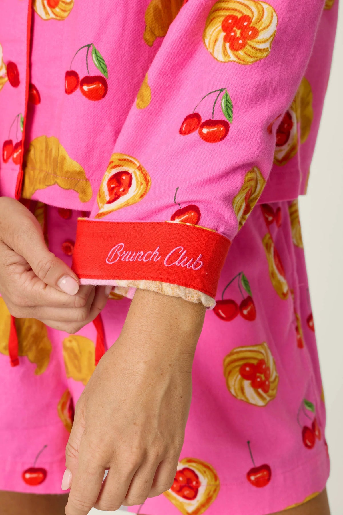 PJ Salvage Brunch Club short set "Brunch Club" embroidered cuff close-up — Cloud Nine Pajamas
