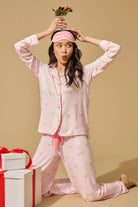 Happy Hour Wine Glass Print 3-Piece PJ Set | PJ Salvage women's wine glass print pj set in pink - button up long sleeve top, straight leg pants, and matching eye mask